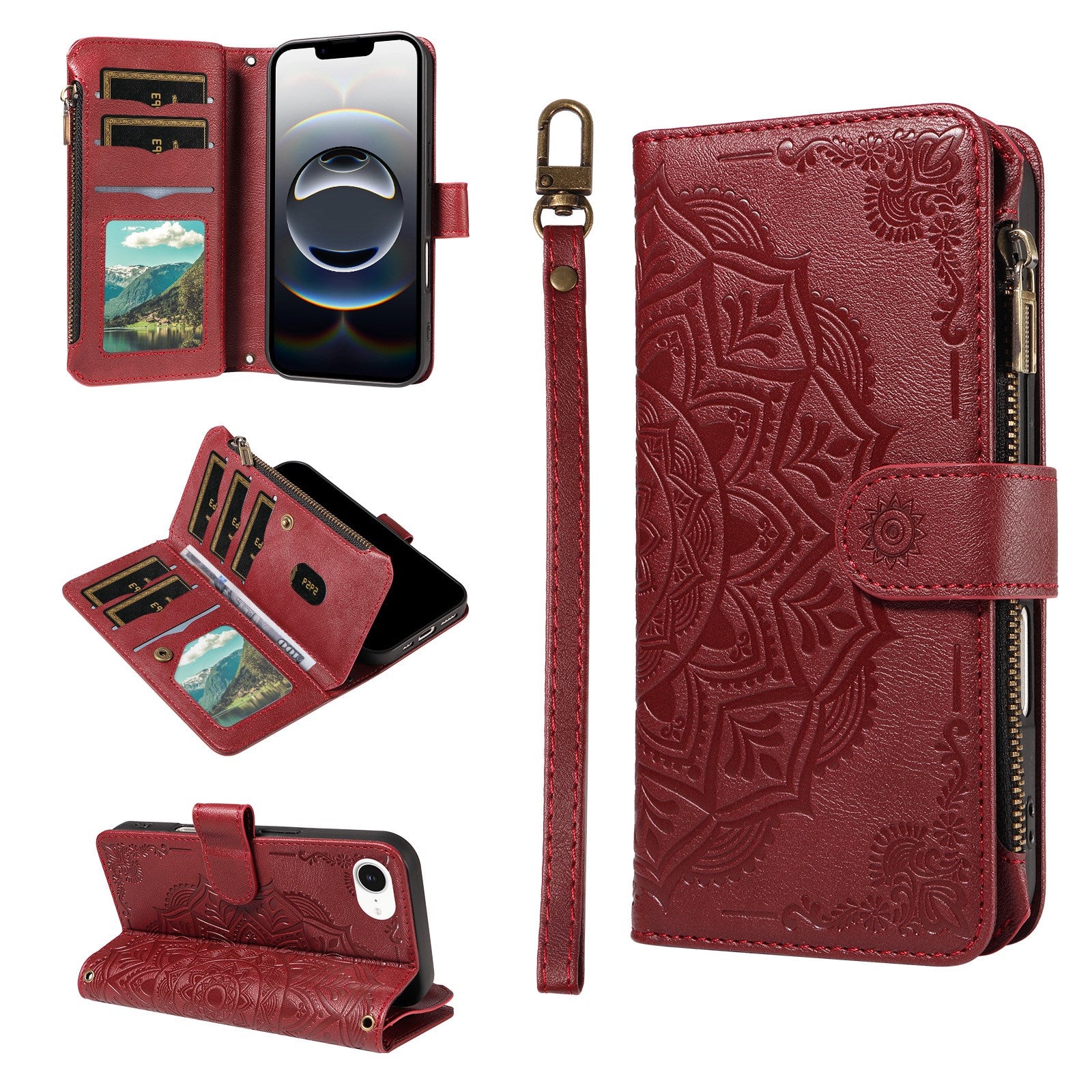 iPhone 17e / 16e EIDERWOOD Flipcover m. 9 x Kortholder - Lynlåslomme - RFDI-Blokering - Rem - Rød
