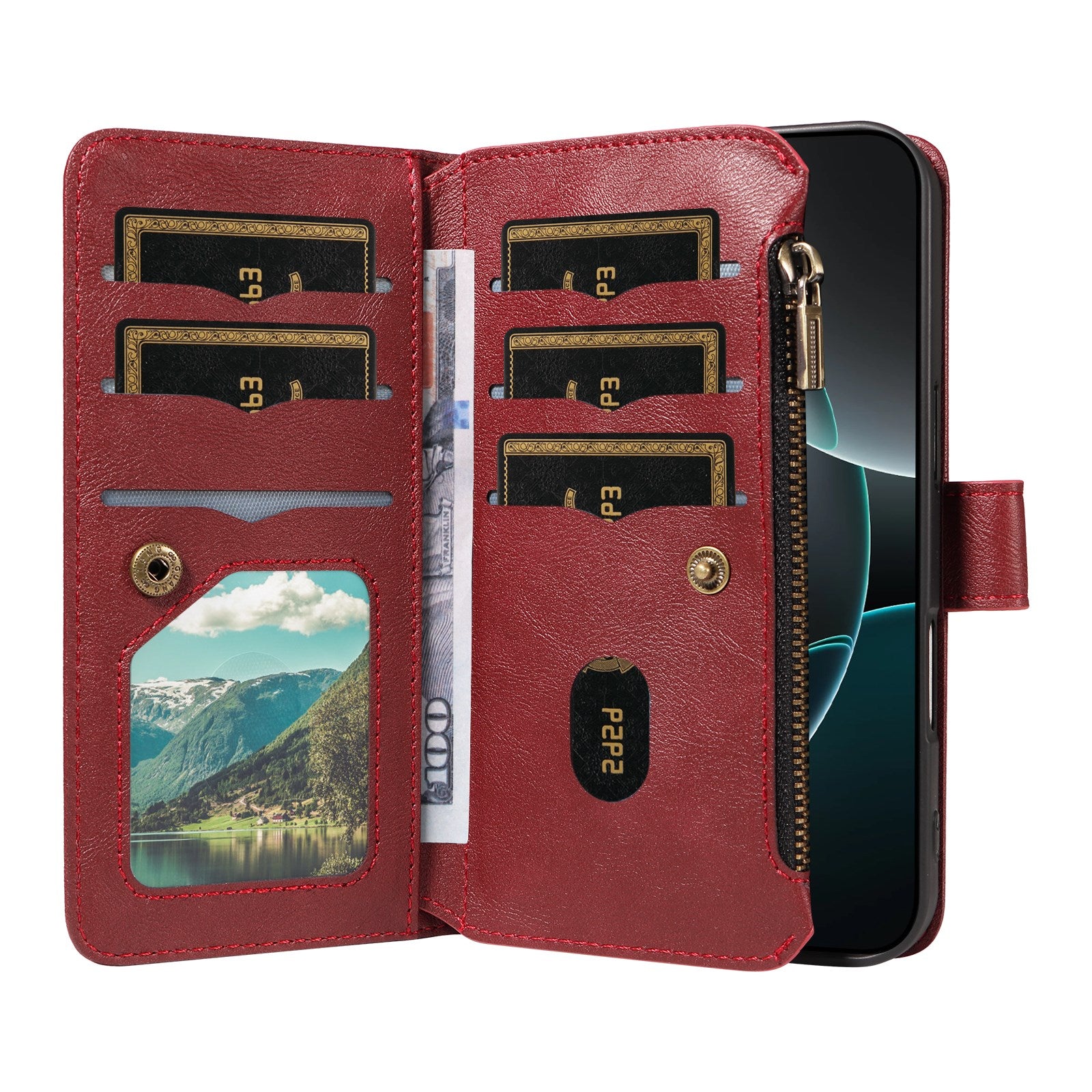 iPhone 17e / 16e EIDERWOOD Flipcover m. 9 x Kortholder - Lynlåslomme - RFDI-Blokering - Rem - Rød