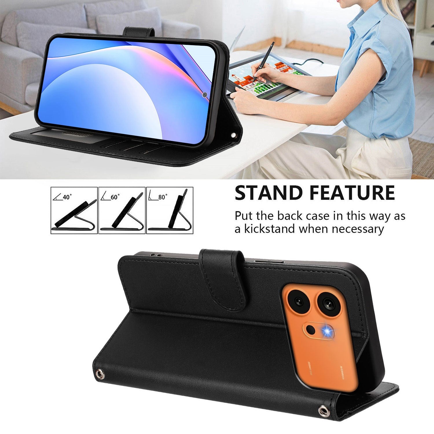 Honor 600 / 600 Pro EIDERWOOD Kunstlæder Flip Cover m. Strop - Sort
