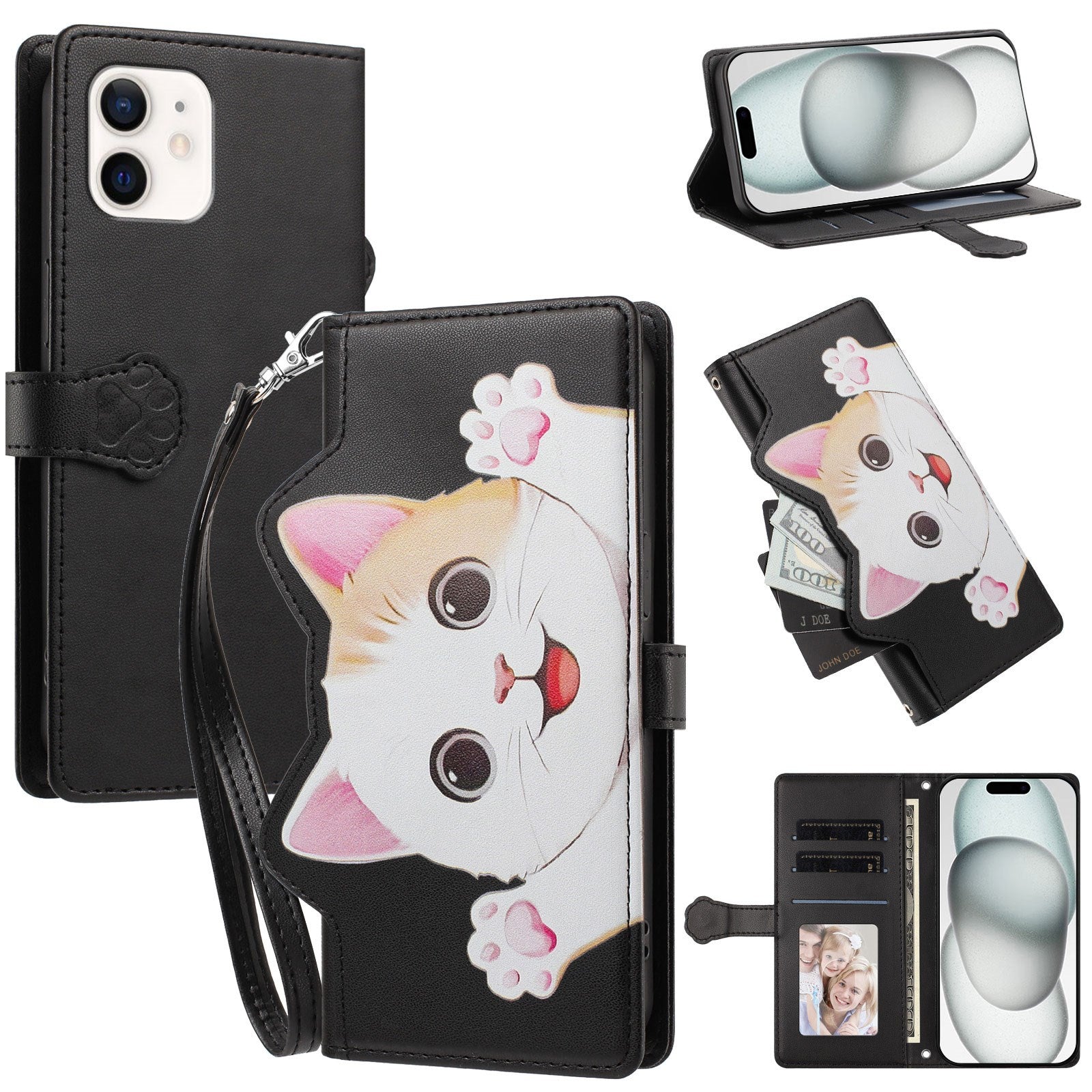 iPhone 12 / 12 Pro Flipcover m. 3D Katteører - Kortholder & Ståfunktion - Sort