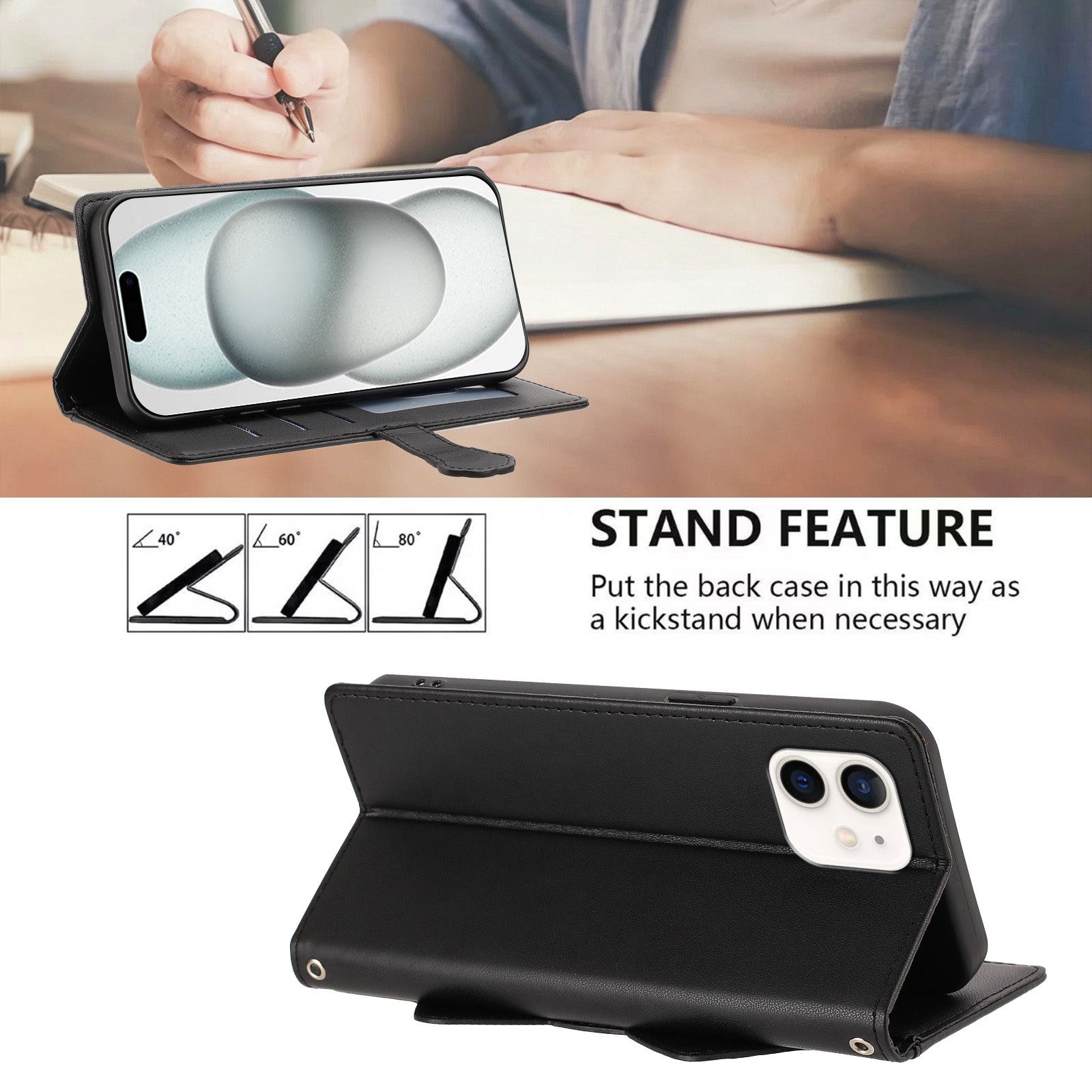 iPhone 12 / 12 Pro Flipcover m. 3D Katteører - Kortholder & Ståfunktion - Sort