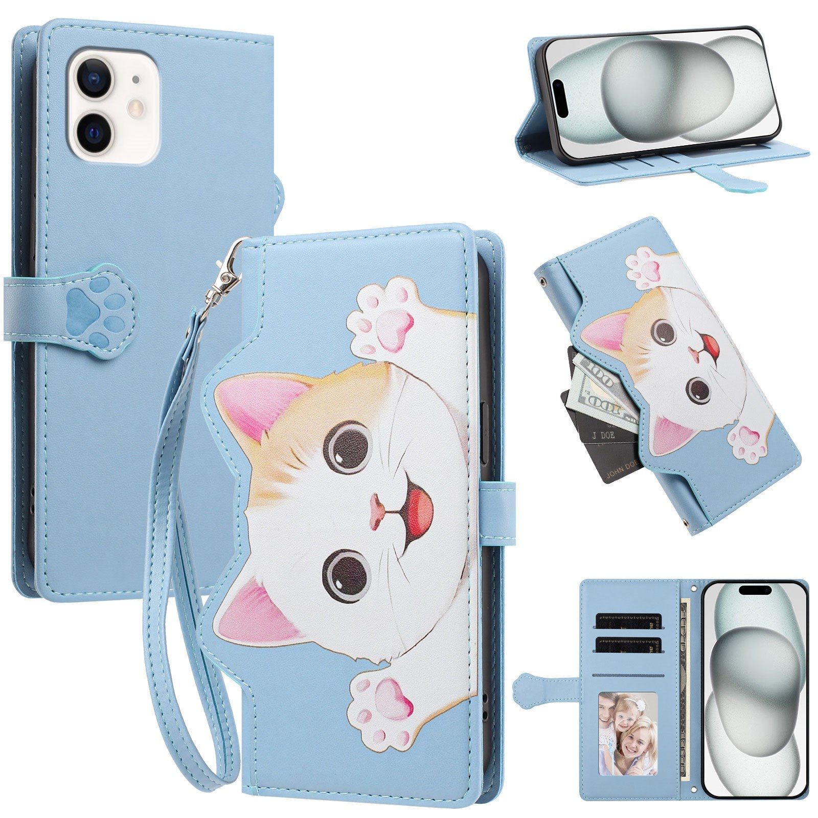 iPhone 12 / 12 Pro Flipcover m. 3D Katteører - Kortholder & Ståfunktion - Blå