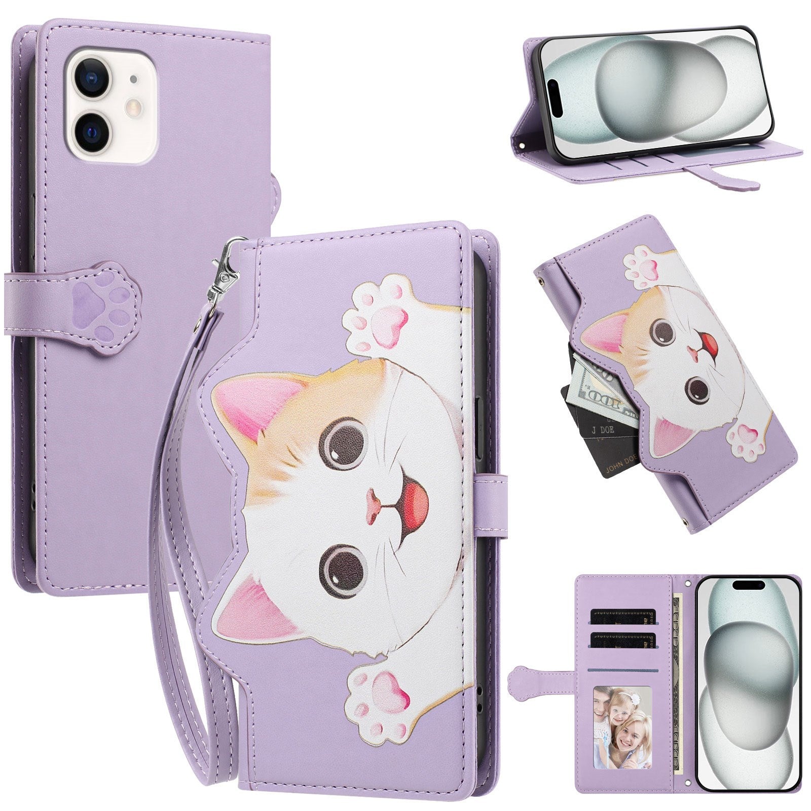 iPhone 12 / 12 Pro Flipcover m. 3D Katteører - Kortholder & Ståfunktion - Lilla