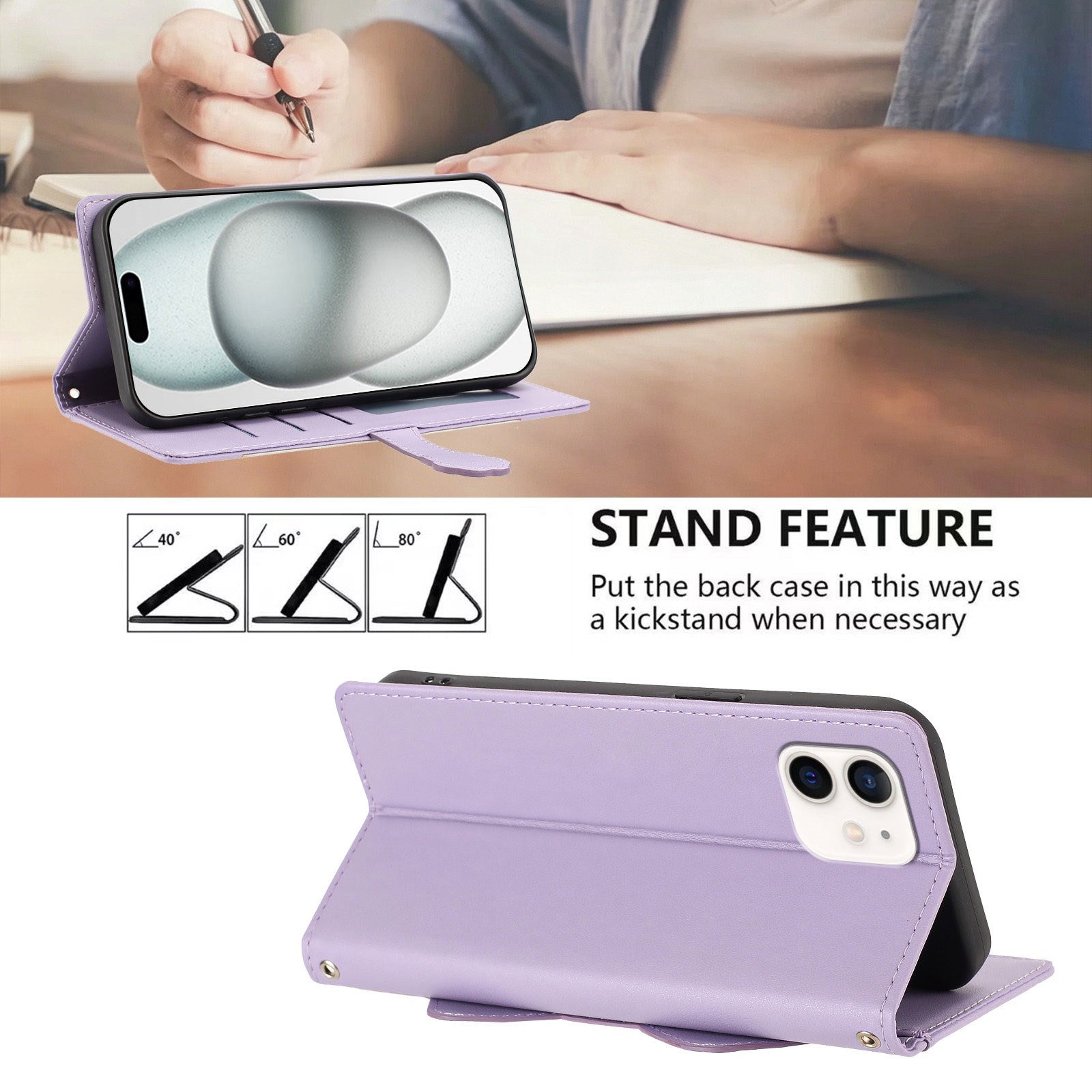 iPhone 12 / 12 Pro Flipcover m. 3D Katteører - Kortholder & Ståfunktion - Lilla