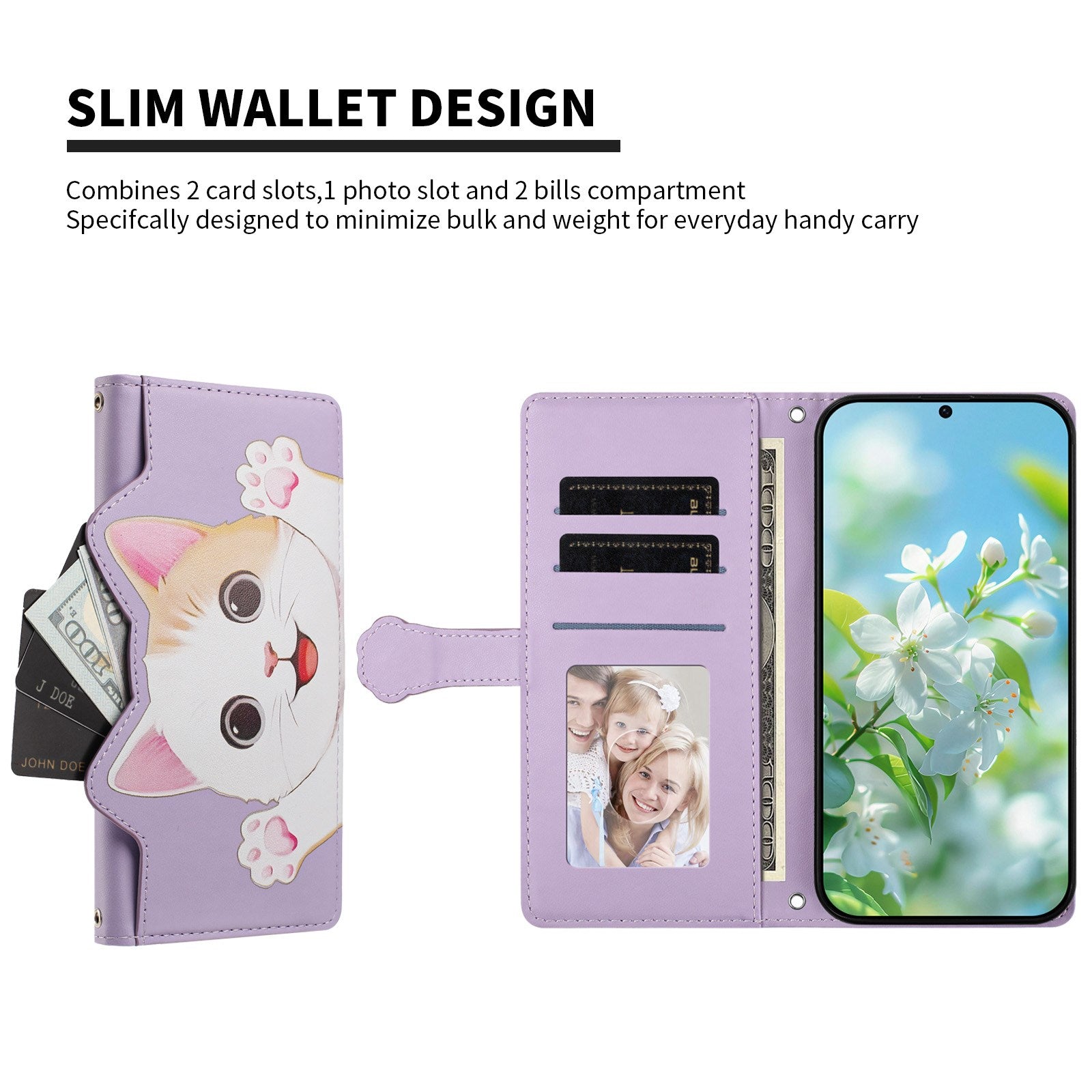 iPhone 12 / 12 Pro Flipcover m. 3D Katteører - Kortholder & Ståfunktion - Lilla