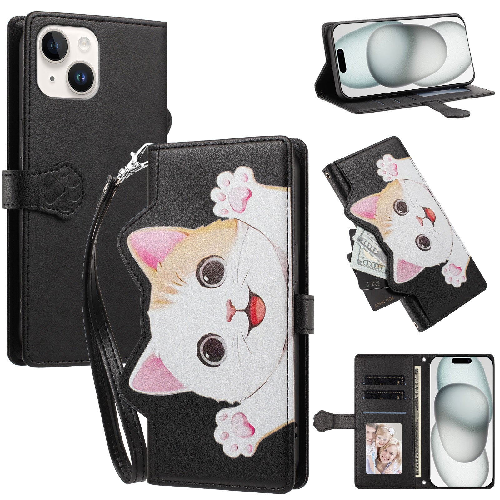 iPhone 14 / 13 Flipcover m. 3D Katteører - Kortholder & Ståfunktion - Sort