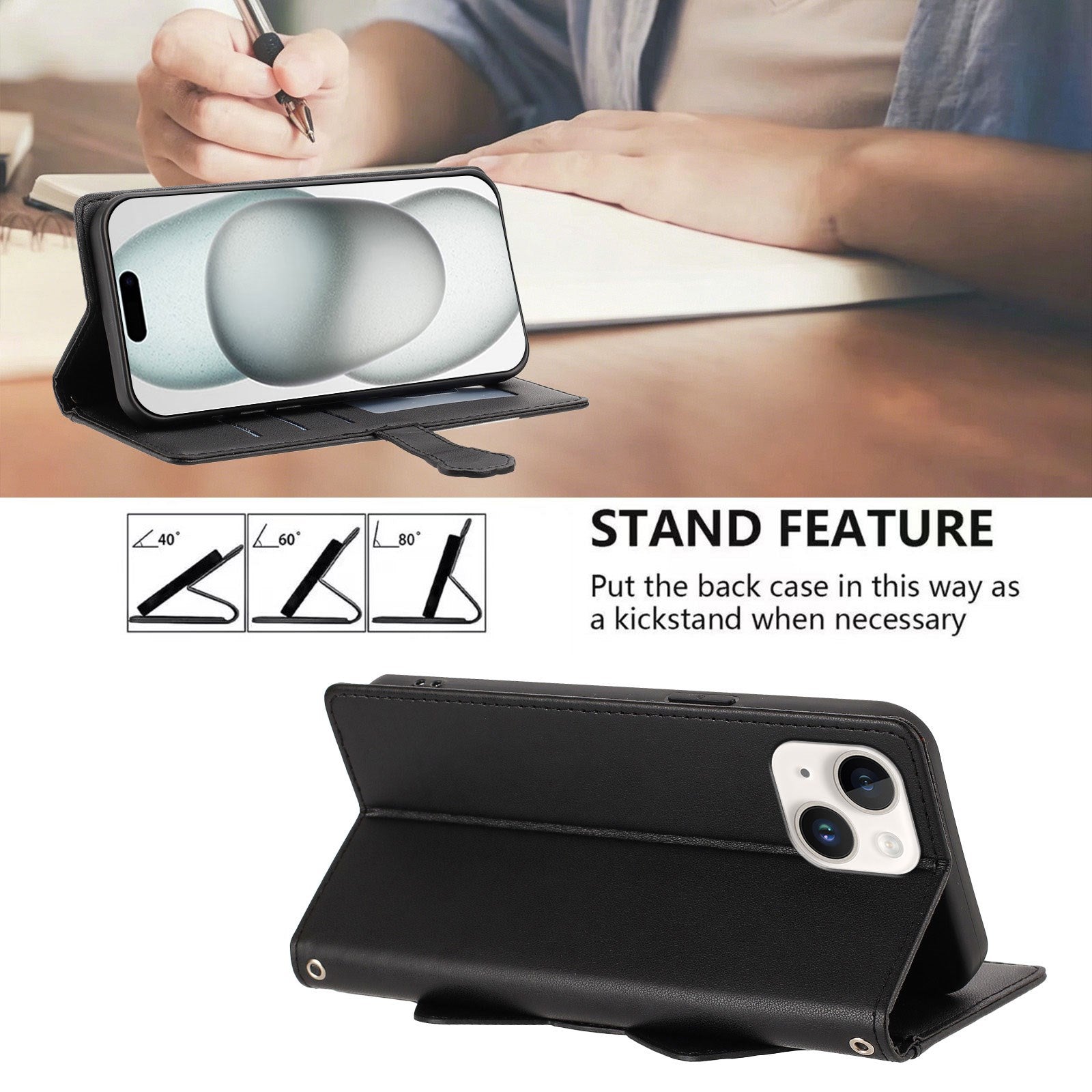 iPhone 14 / 13 Flipcover m. 3D Katteører - Kortholder & Ståfunktion - Sort