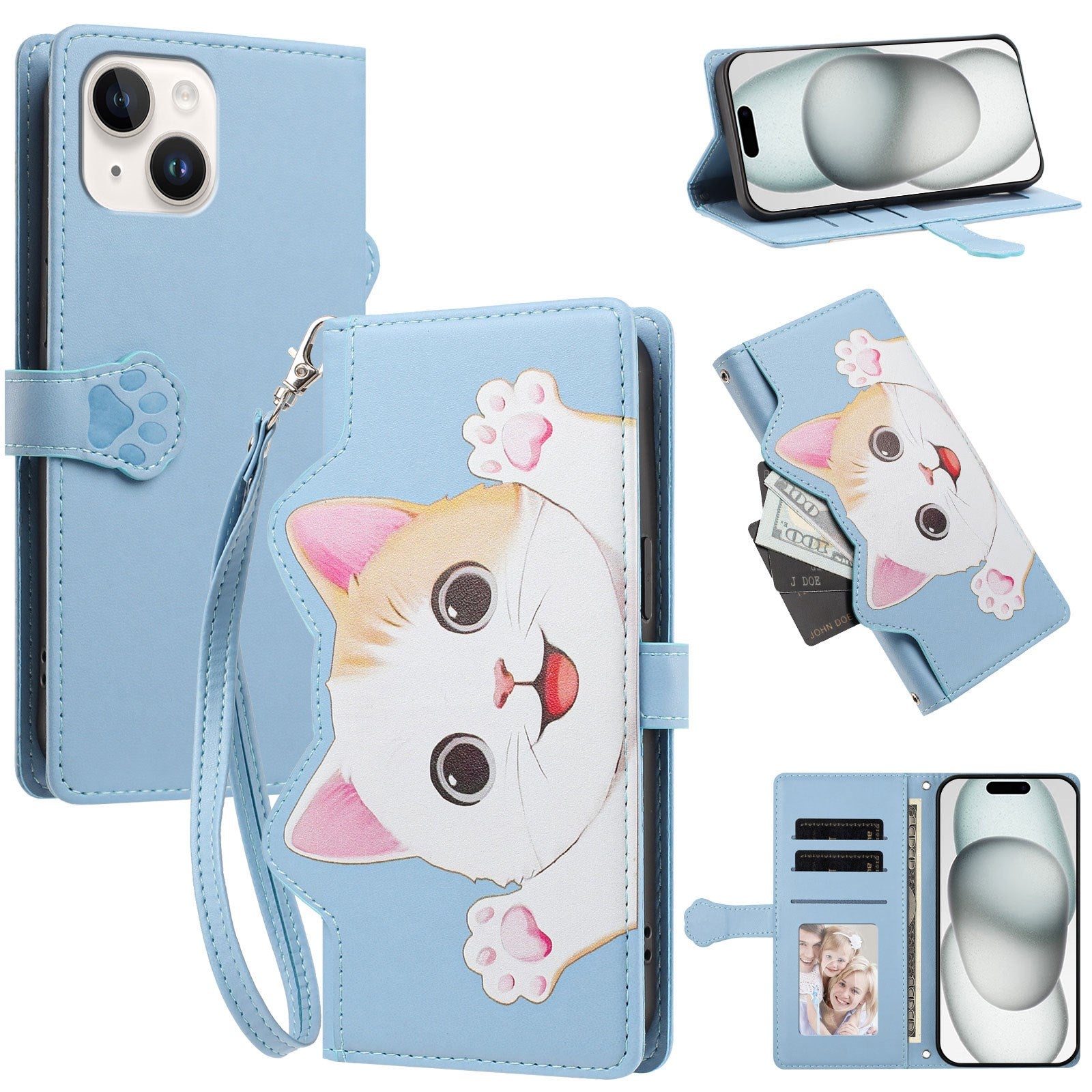 iPhone 14 / 13 Flipcover m. 3D Katteører - Kortholder & Ståfunktion - Blå