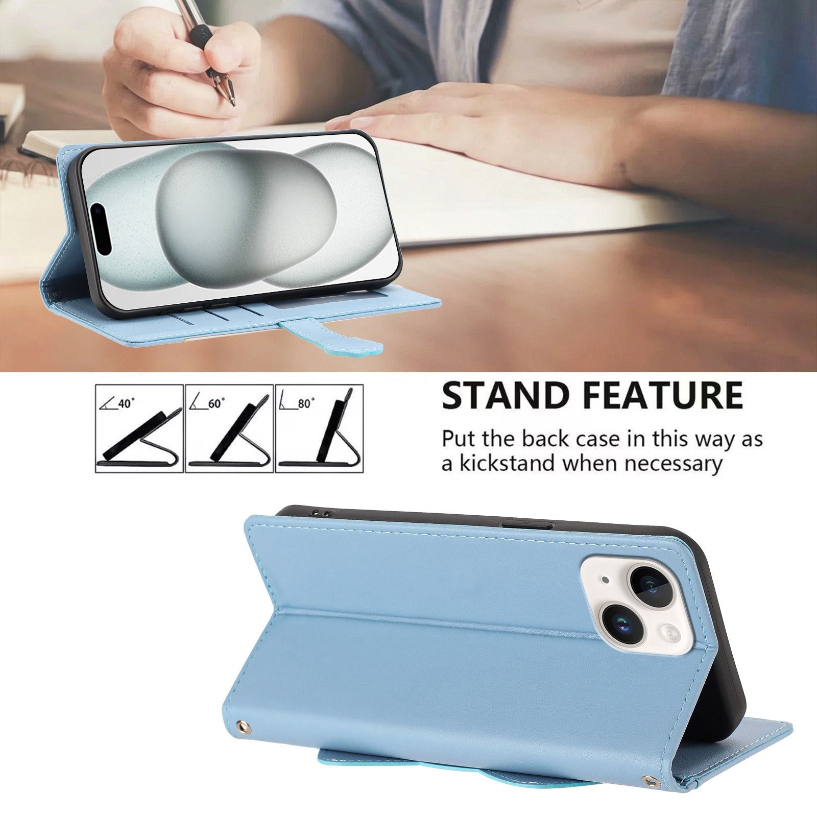 iPhone 14 / 13 Flipcover m. 3D Katteører - Kortholder & Ståfunktion - Blå