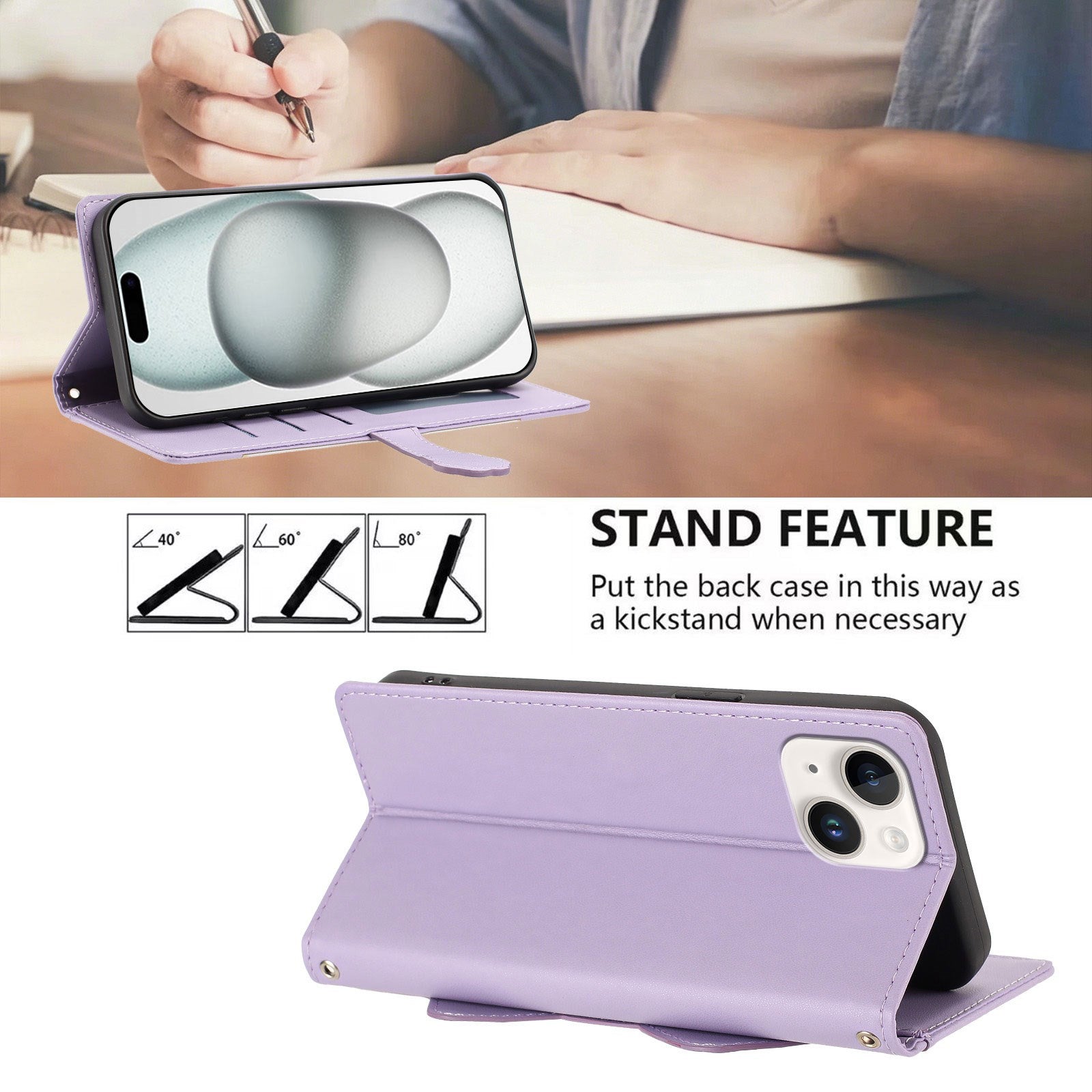 iPhone 14 / 13 Flipcover m. 3D Katteører - Kortholder & Ståfunktion - Lilla