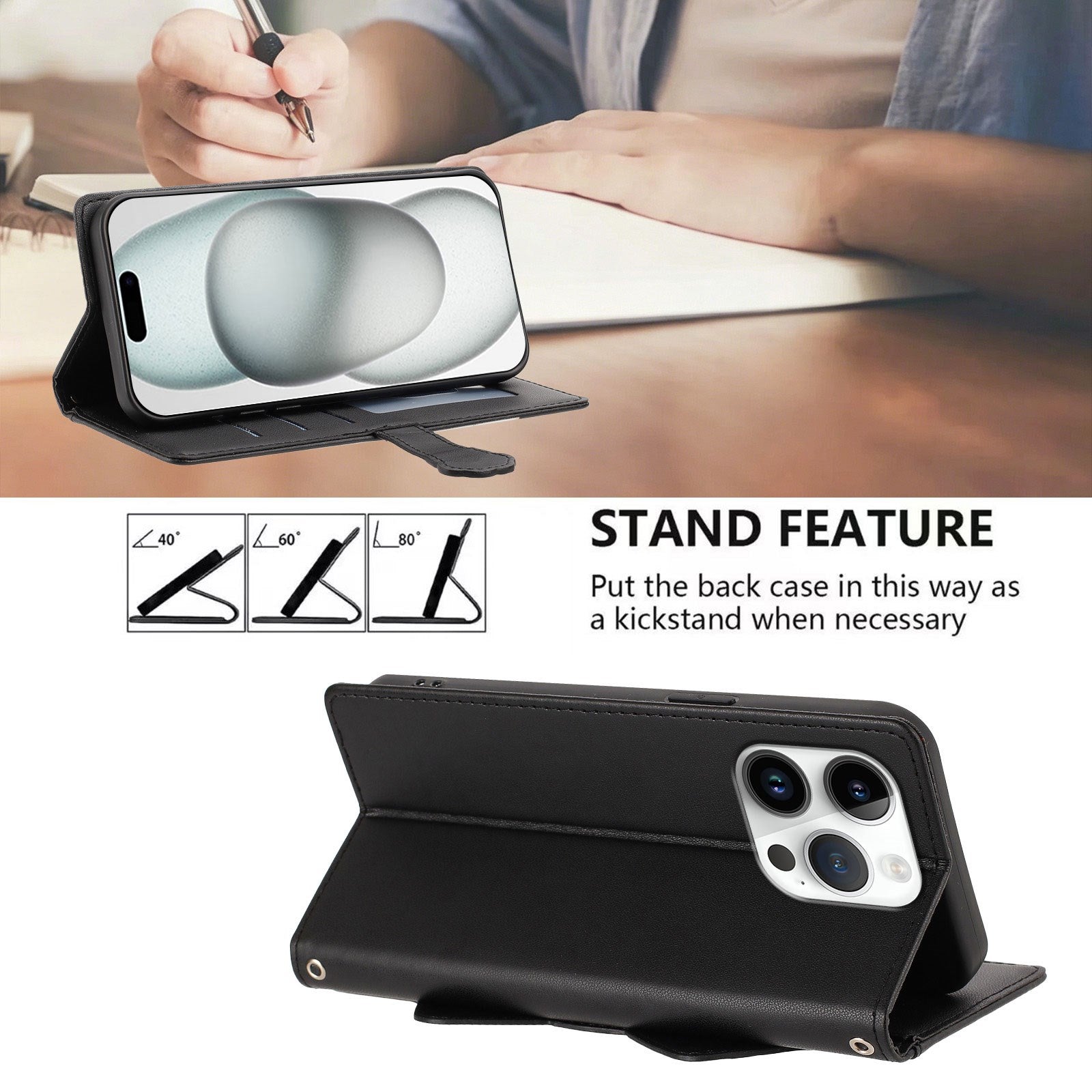 iPhone 16 Pro Flipcover m. 3D Katteører - Kortholder & Ståfunktion - Sort