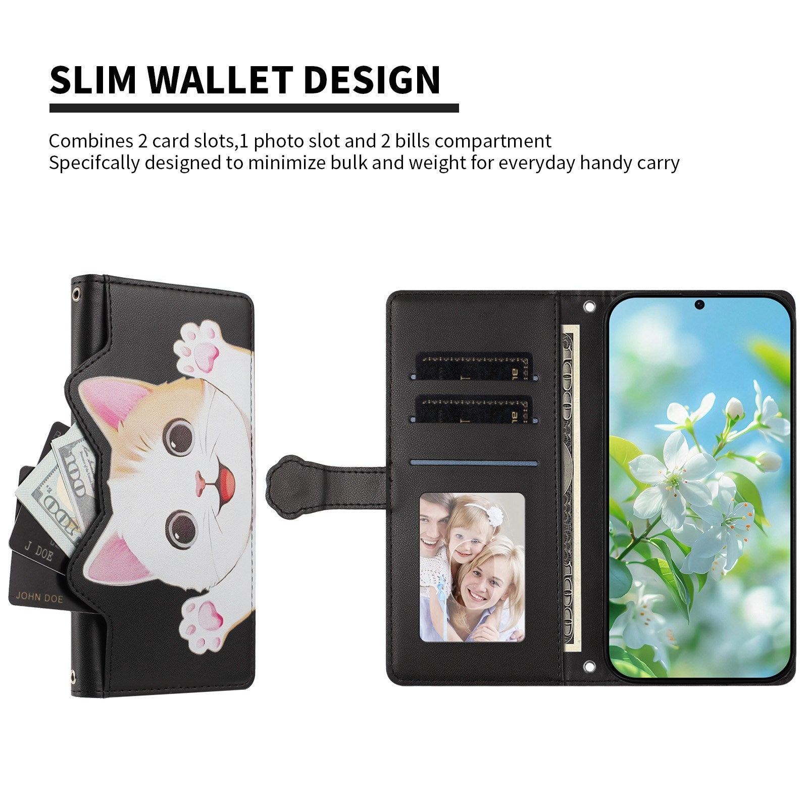 iPhone 16 Pro Flipcover m. 3D Katteører - Kortholder & Ståfunktion - Sort