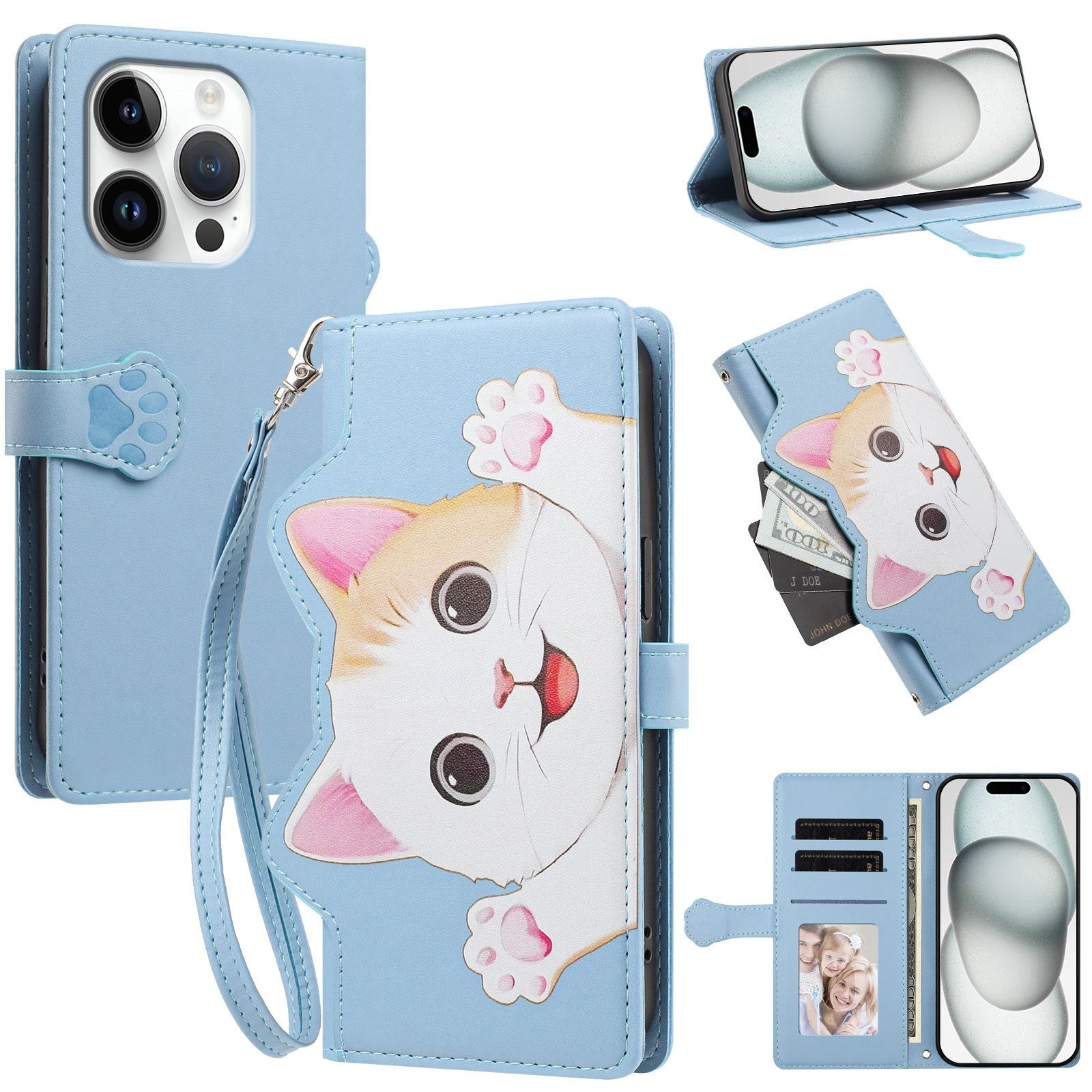 iPhone 16 Pro Flipcover m. 3D Katteører - Kortholder & Ståfunktion - Blå