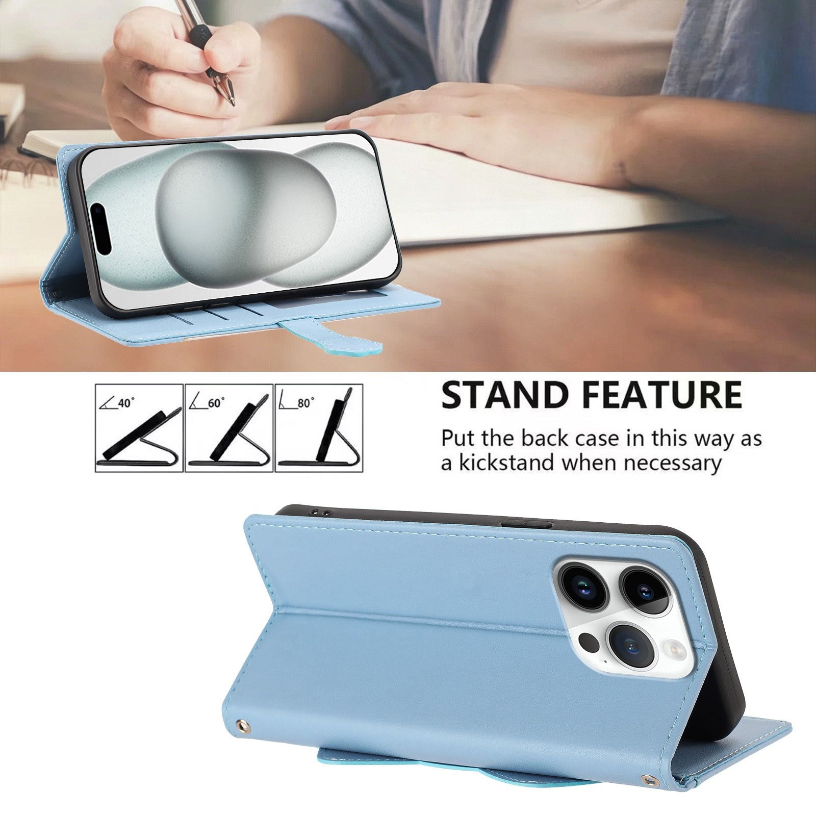 iPhone 16 Pro Flipcover m. 3D Katteører - Kortholder & Ståfunktion - Blå