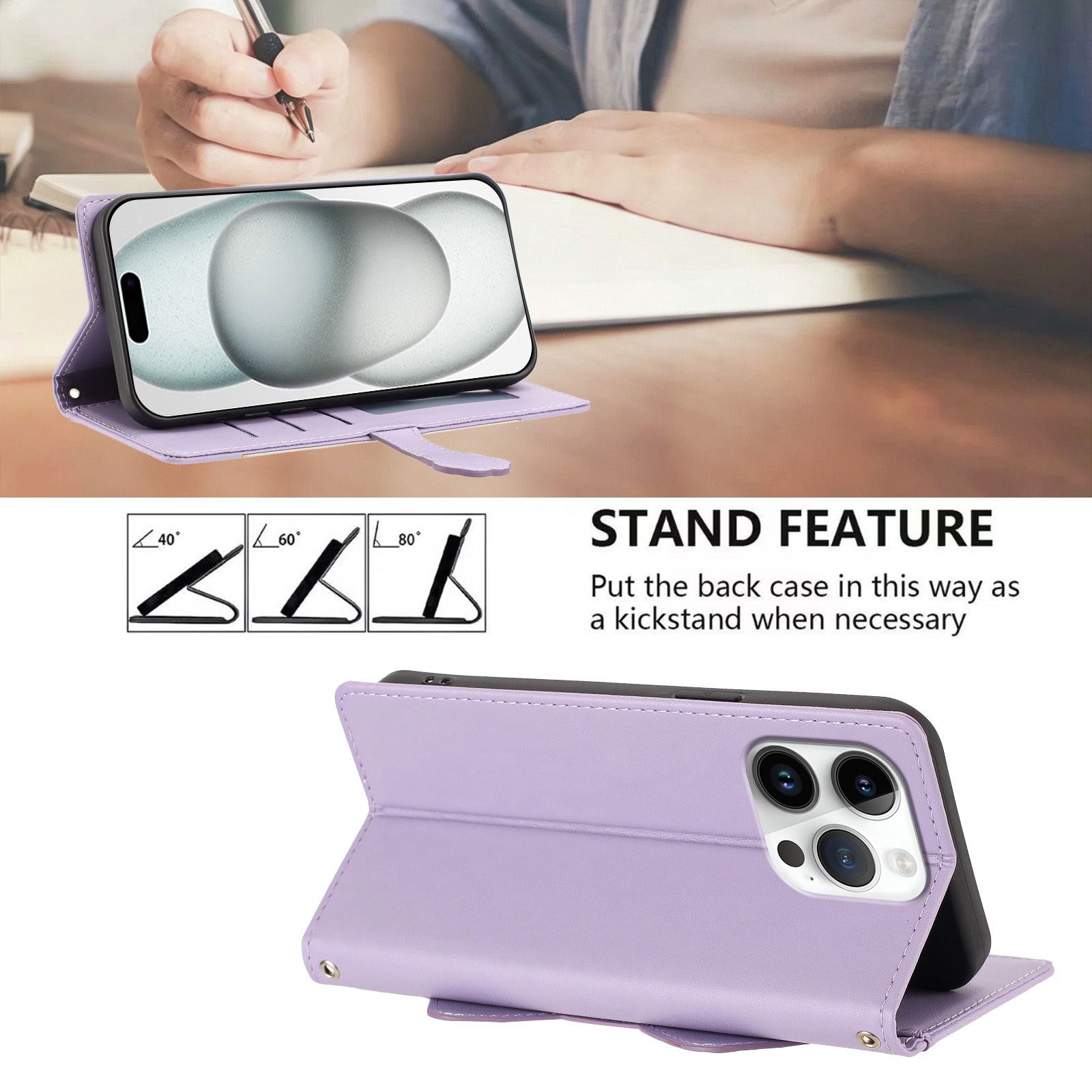 iPhone 16 Pro Flipcover m. 3D Katteører - Kortholder & Ståfunktion - Lilla