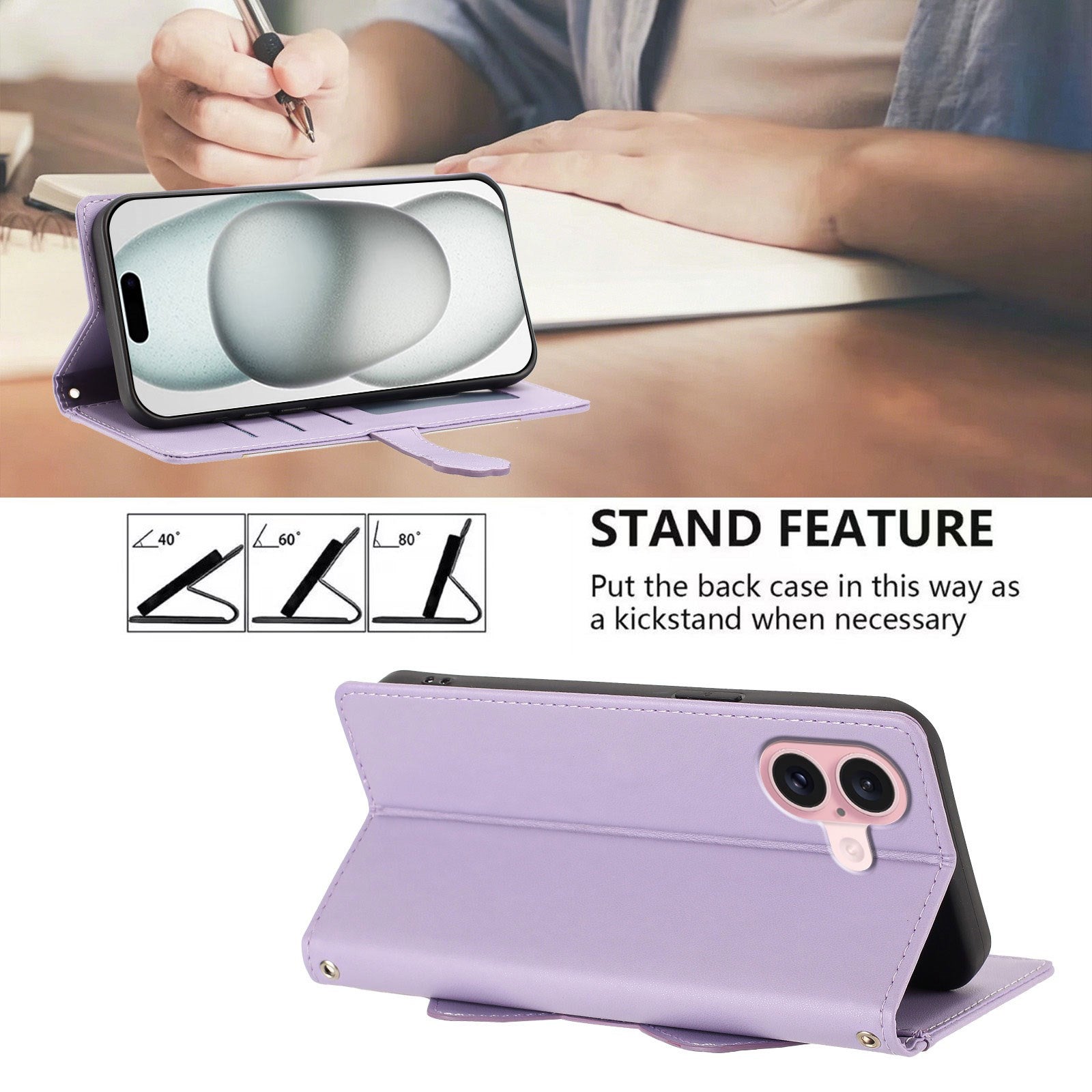 iPhone 16 Flipcover m. 3D Katteører - Kortholder & Ståfunktion - Lilla