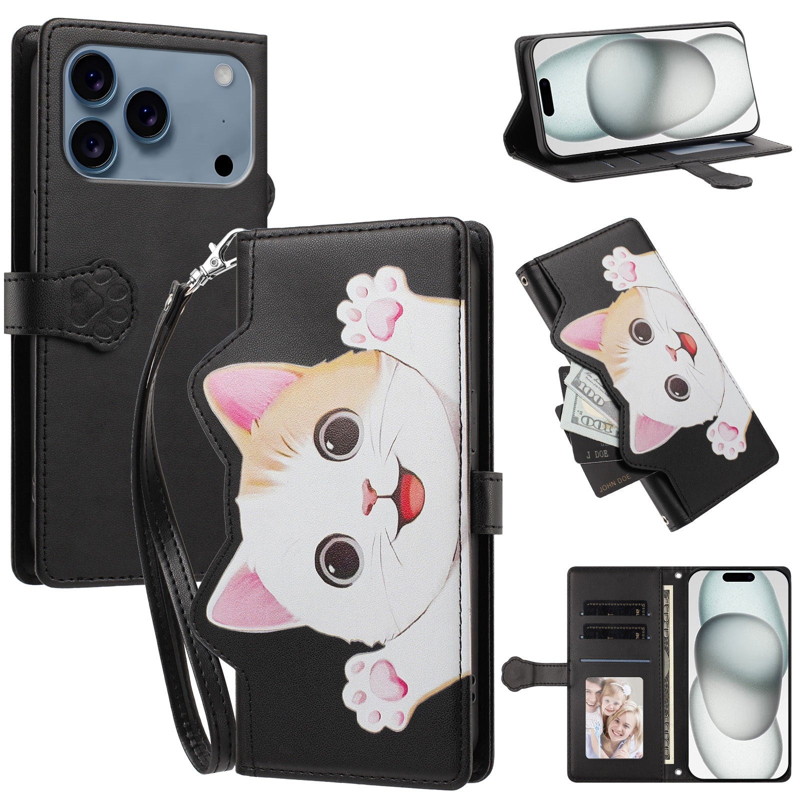 iPhone 18 Pro Max / 17 Pro Max Flipcover m. 3D Katteører - Kortholder & Ståfunktion - Sort