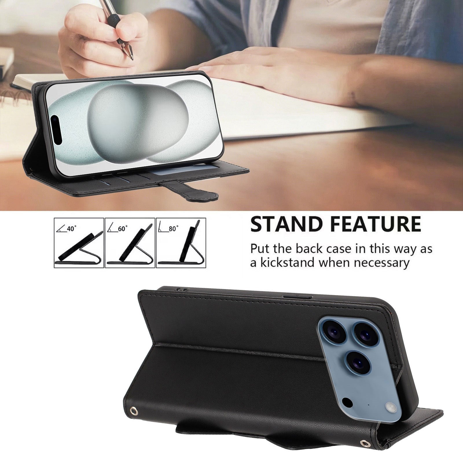iPhone 18 Pro Max / 17 Pro Max Flipcover m. 3D Katteører - Kortholder & Ståfunktion - Sort
