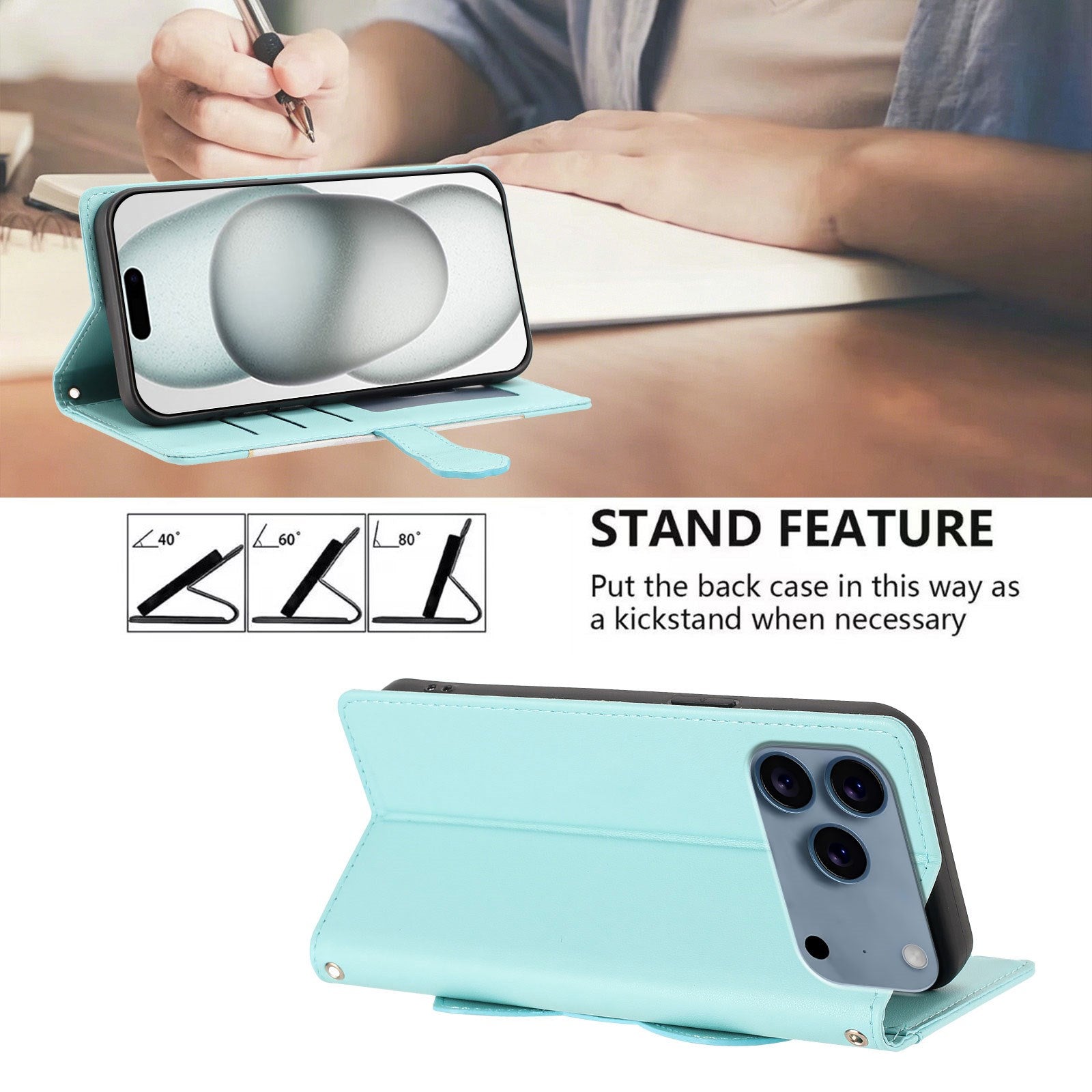 iPhone 18 Pro Max / 17 Pro Max Flipcover m. 3D Katteører - Kortholder & Ståfunktion - Blå