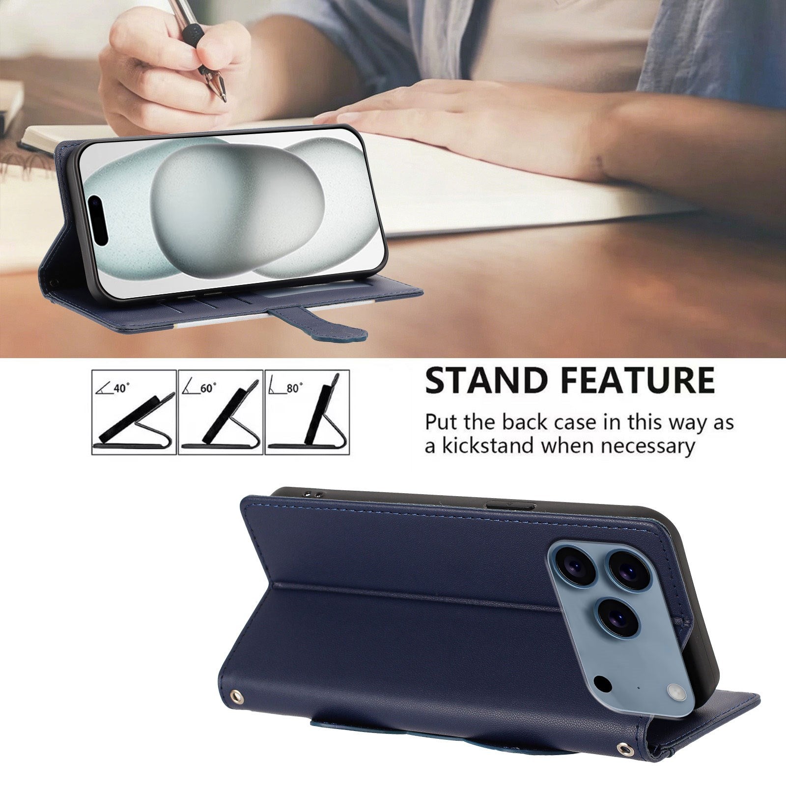 iPhone 18 Pro Max / 17 Pro Max Flipcover m. 3D Katteører - Kortholder & Ståfunktion - Mørkeblå