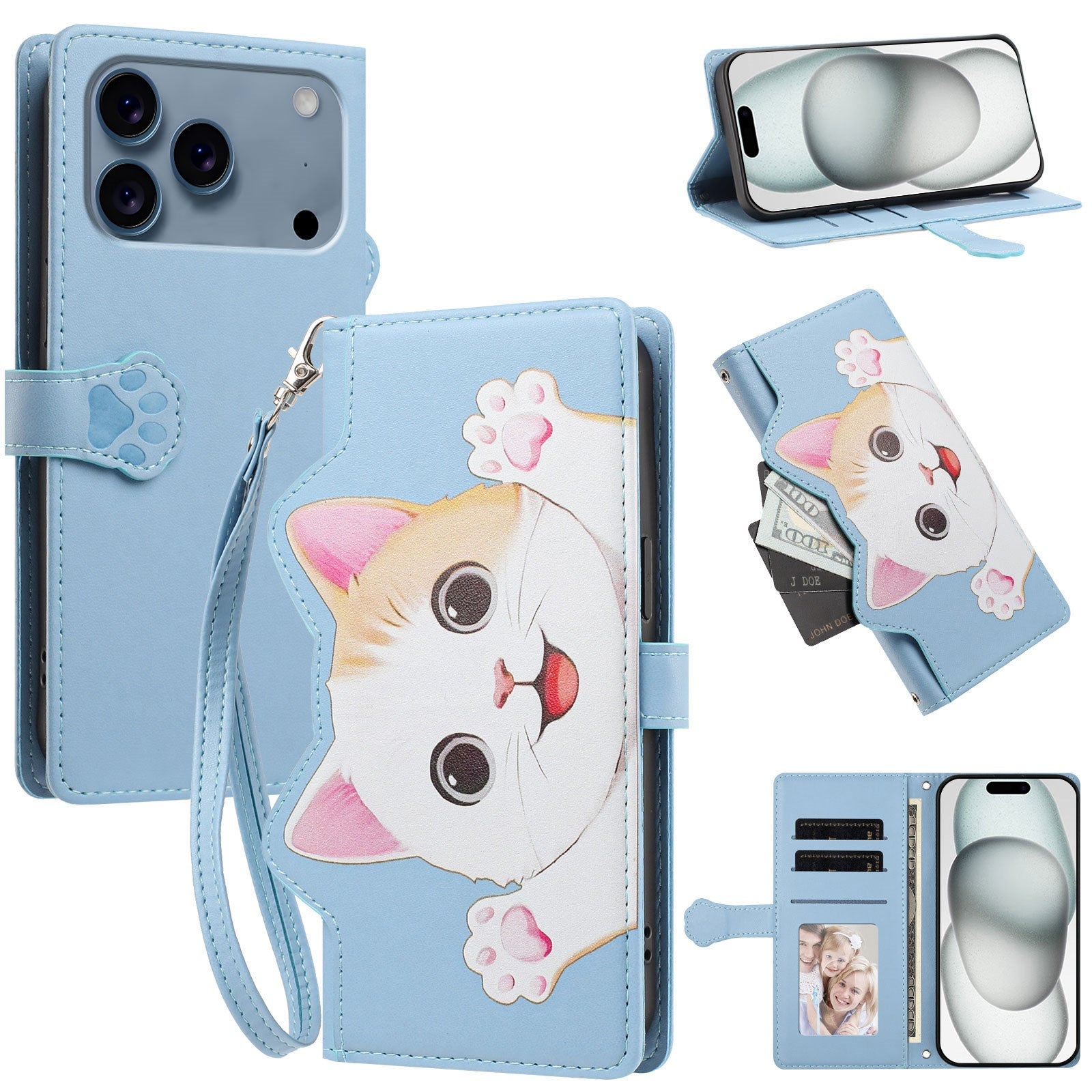 iPhone 18 Pro / 17 Pro Flipcover m. 3D Katteører - Kortholder & Ståfunktion - Blå