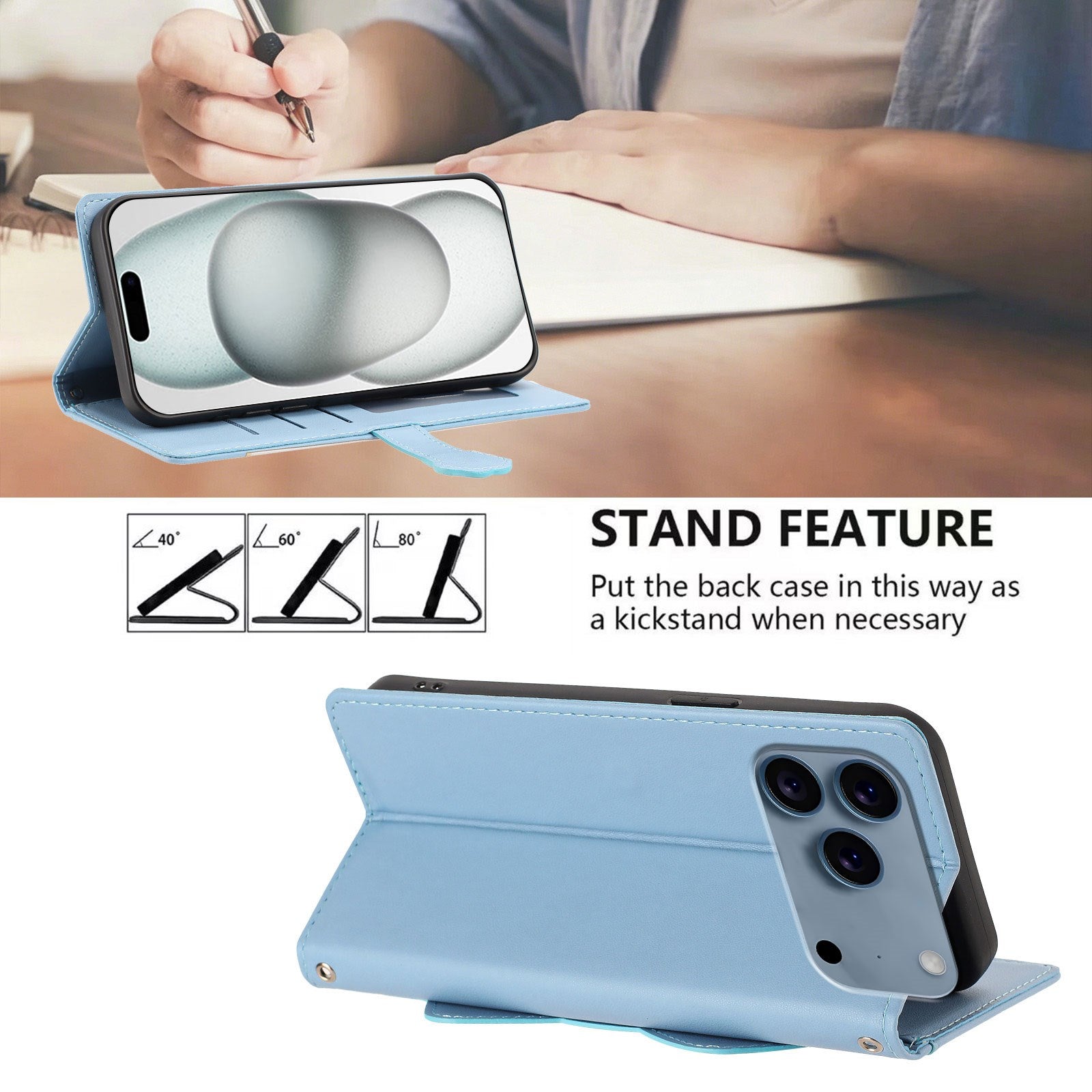 iPhone 18 Pro / 17 Pro Flipcover m. 3D Katteører - Kortholder & Ståfunktion - Blå