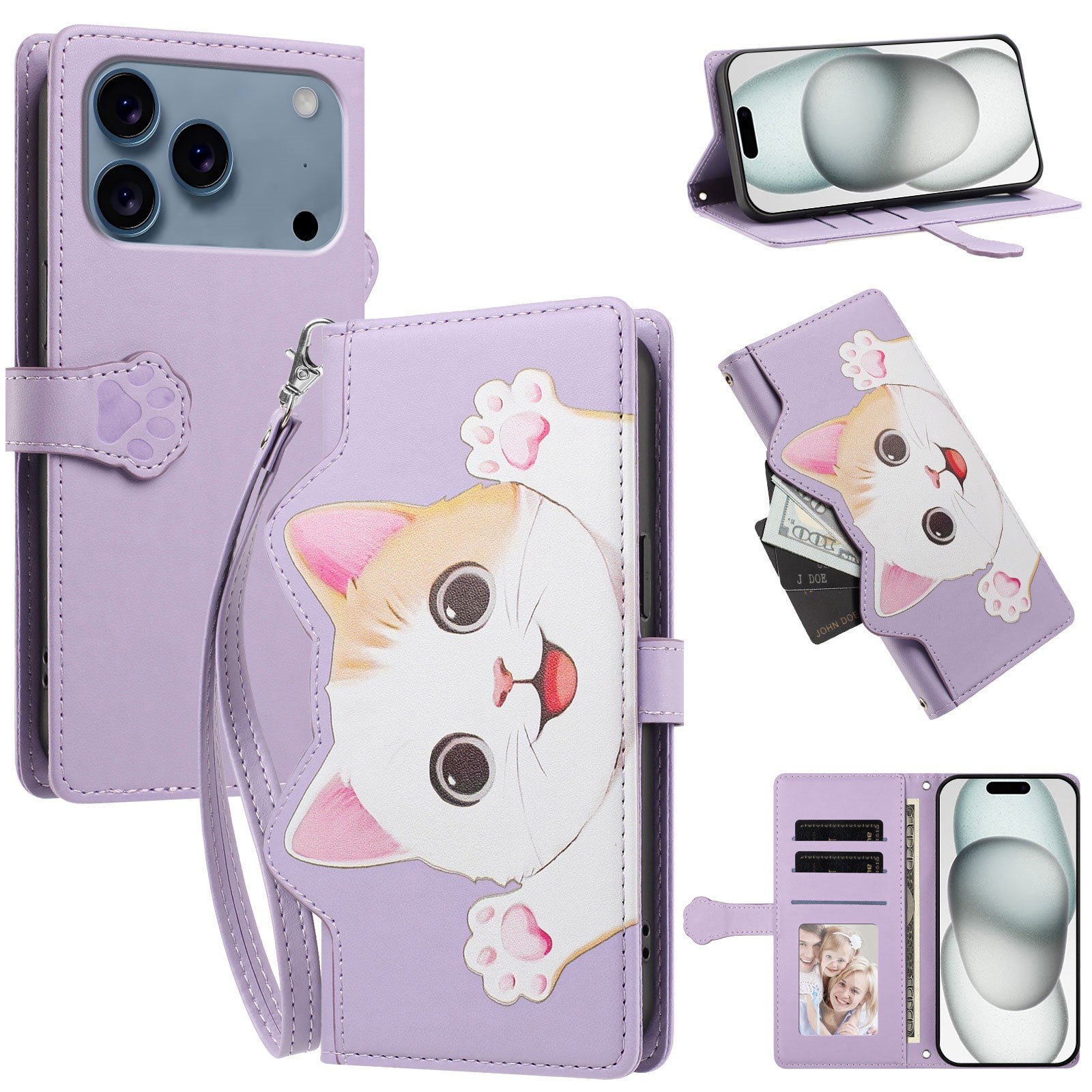 iPhone 18 Pro / 17 Pro Flipcover m. 3D Katteører - Kortholder & Ståfunktion - Lilla