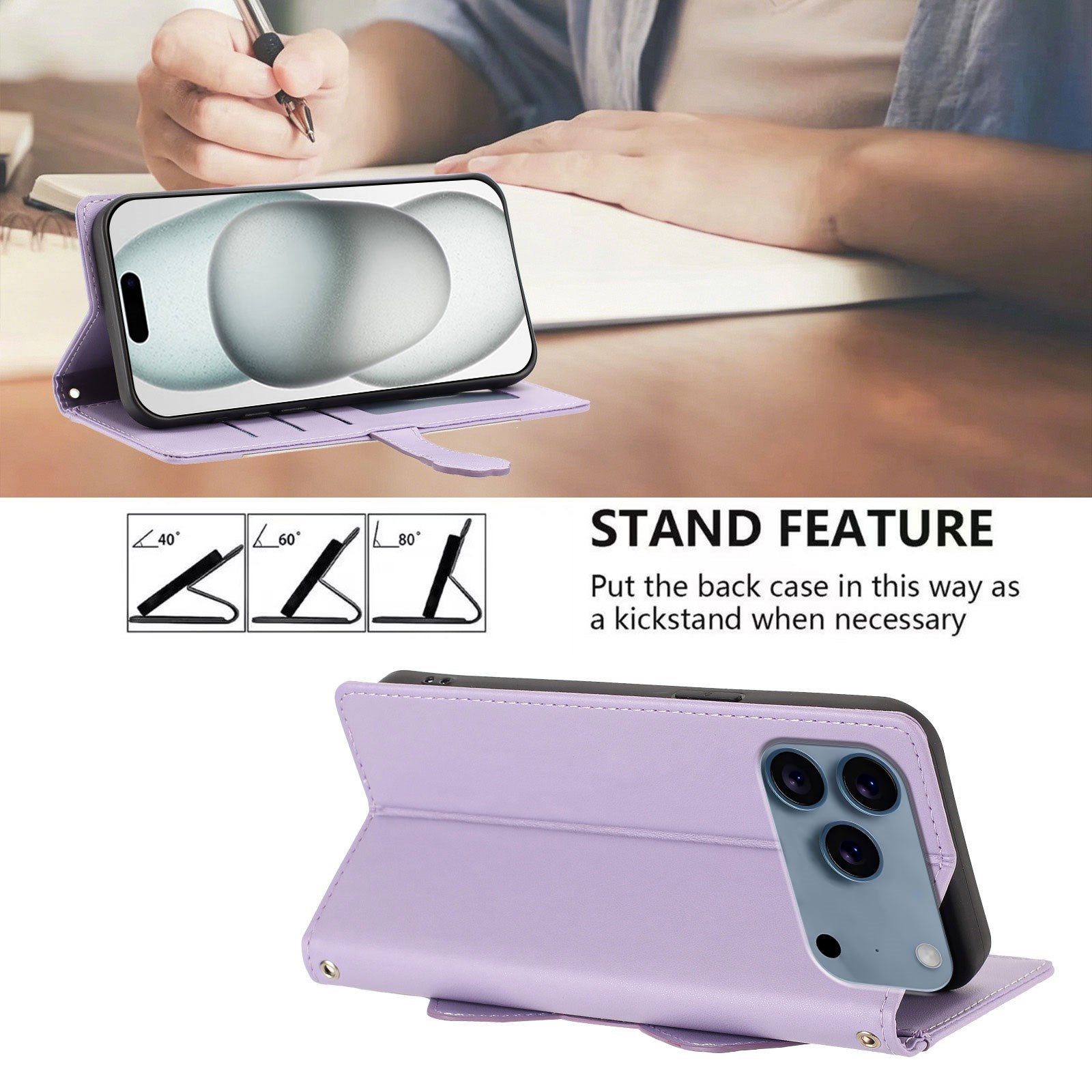 iPhone 18 Pro / 17 Pro Flipcover m. 3D Katteører - Kortholder & Ståfunktion - Lilla