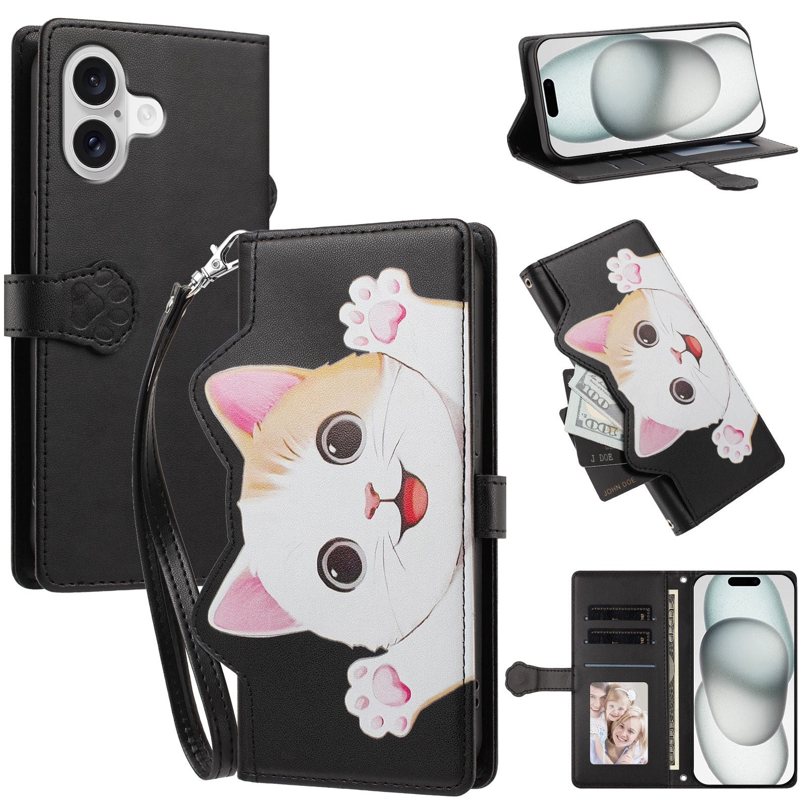 iPhone 18 / 17 Flipcover m. 3D Katteører - Kortholder & Ståfunktion - Sort