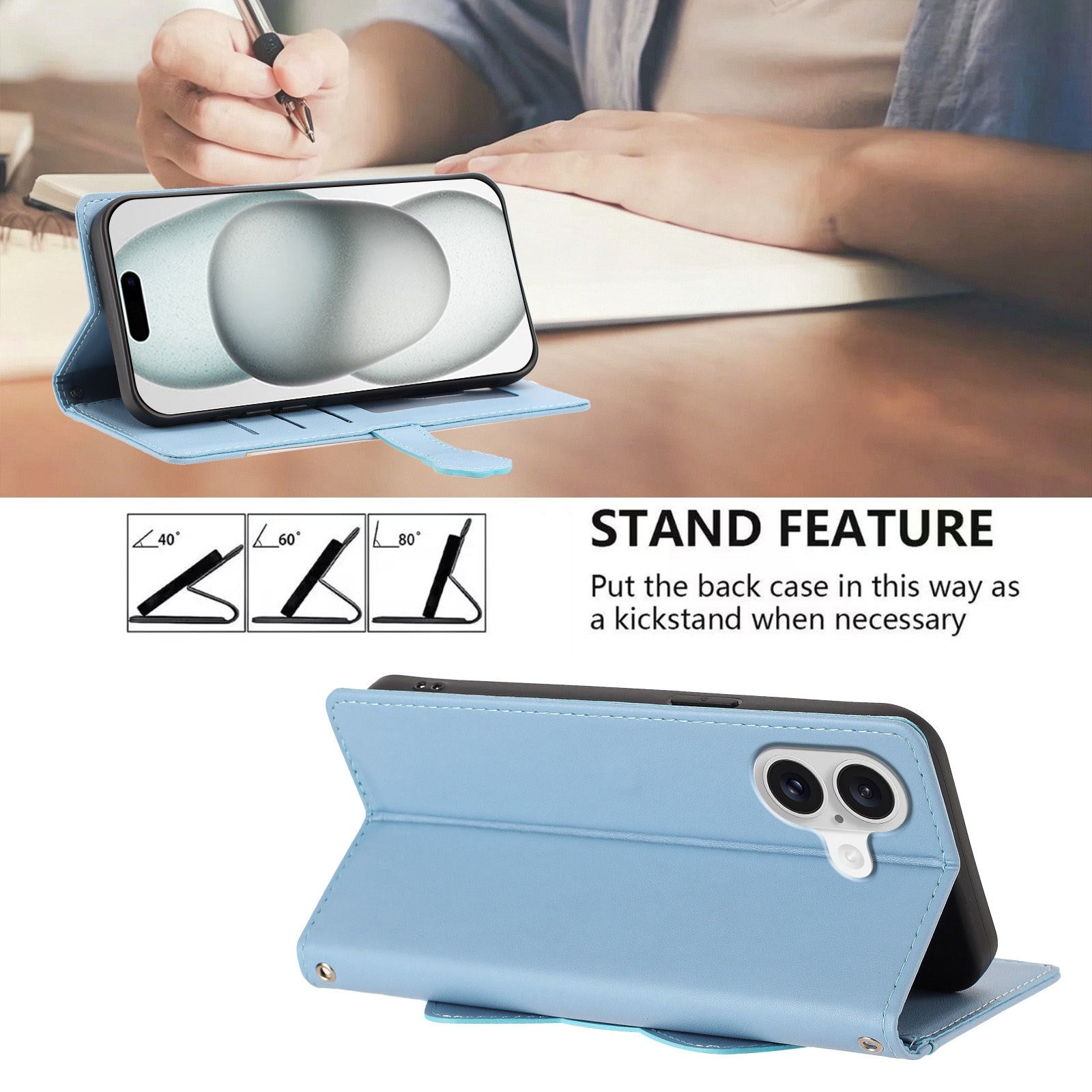 iPhone 18 / 17 Flipcover m. 3D Katteører - Kortholder & Ståfunktion - Blå