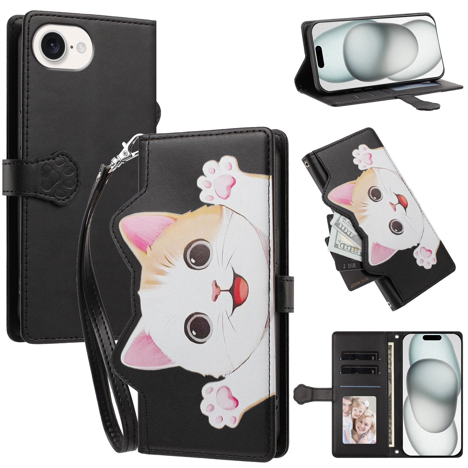 iPhone 17e / 16e Flipcover m. 3D Katteører - Kortholder & Ståfunktion - Sort