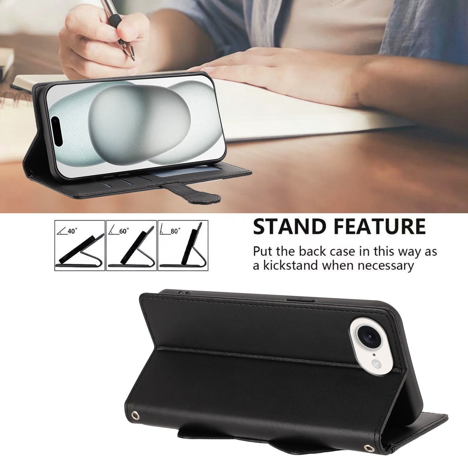 iPhone 17e / 16e Flipcover m. 3D Katteører - Kortholder & Ståfunktion - Sort