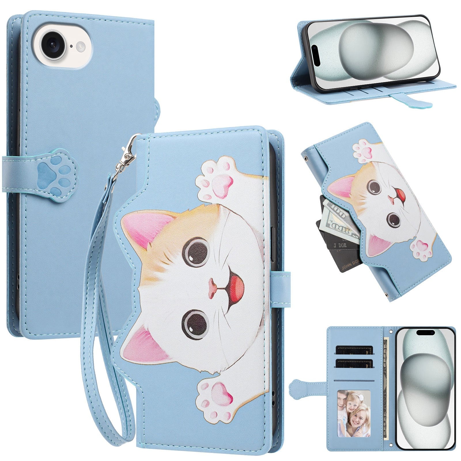 iPhone 17e / 16e Flipcover m. 3D Katteører - Kortholder & Ståfunktion - Blå