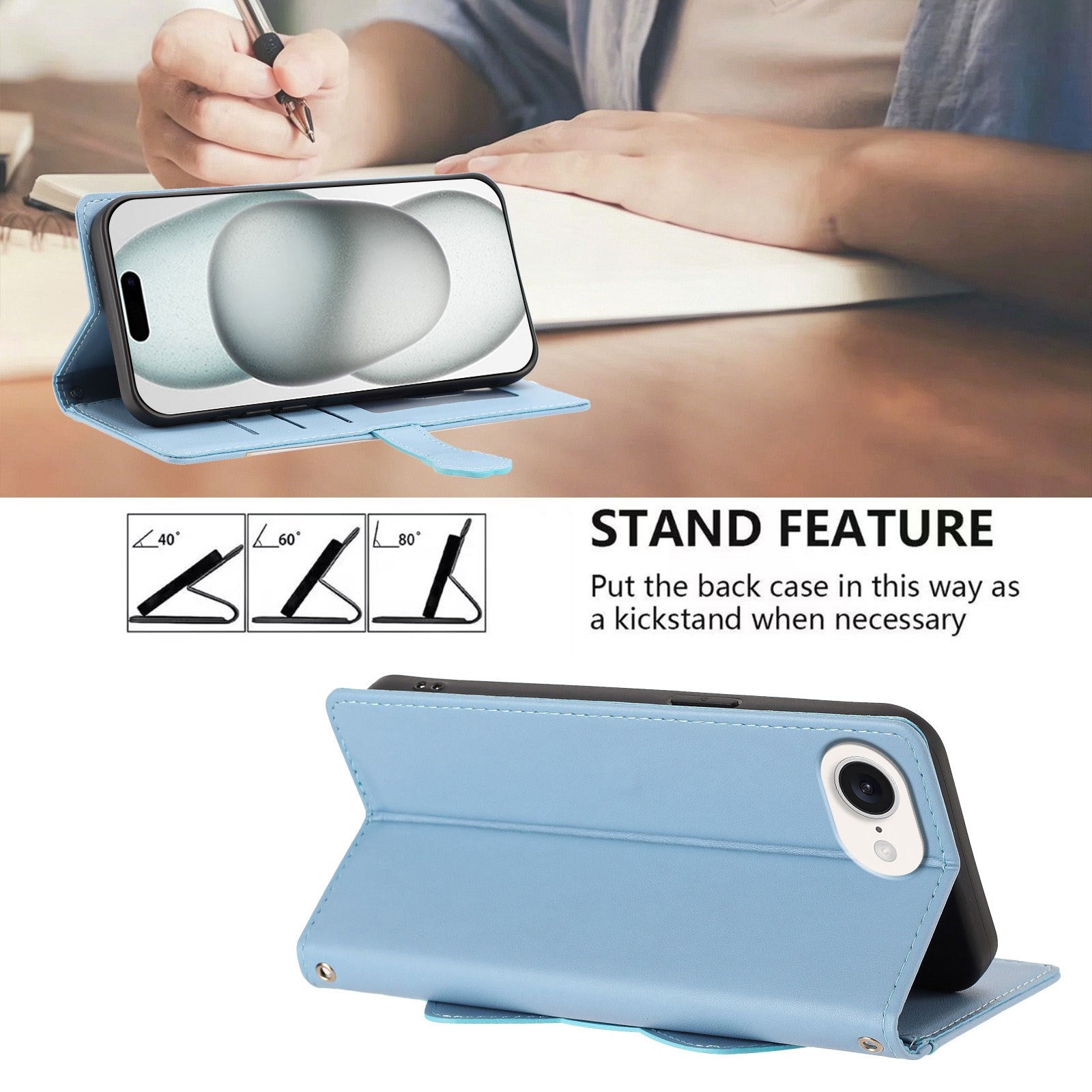 iPhone 17e / 16e Flipcover m. 3D Katteører - Kortholder & Ståfunktion - Blå
