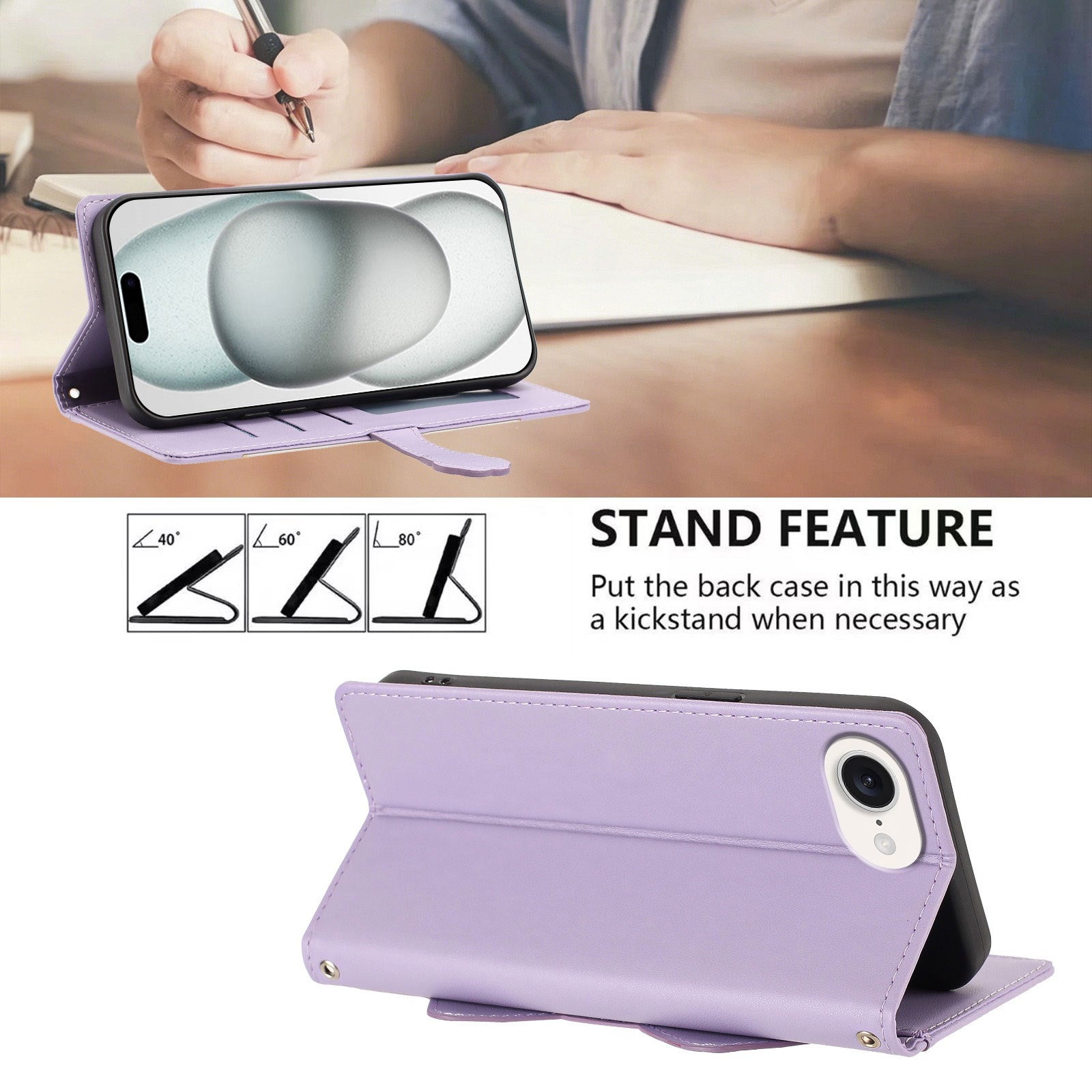 iPhone 17e / 16e Flipcover m. 3D Katteører - Kortholder & Ståfunktion - Lilla
