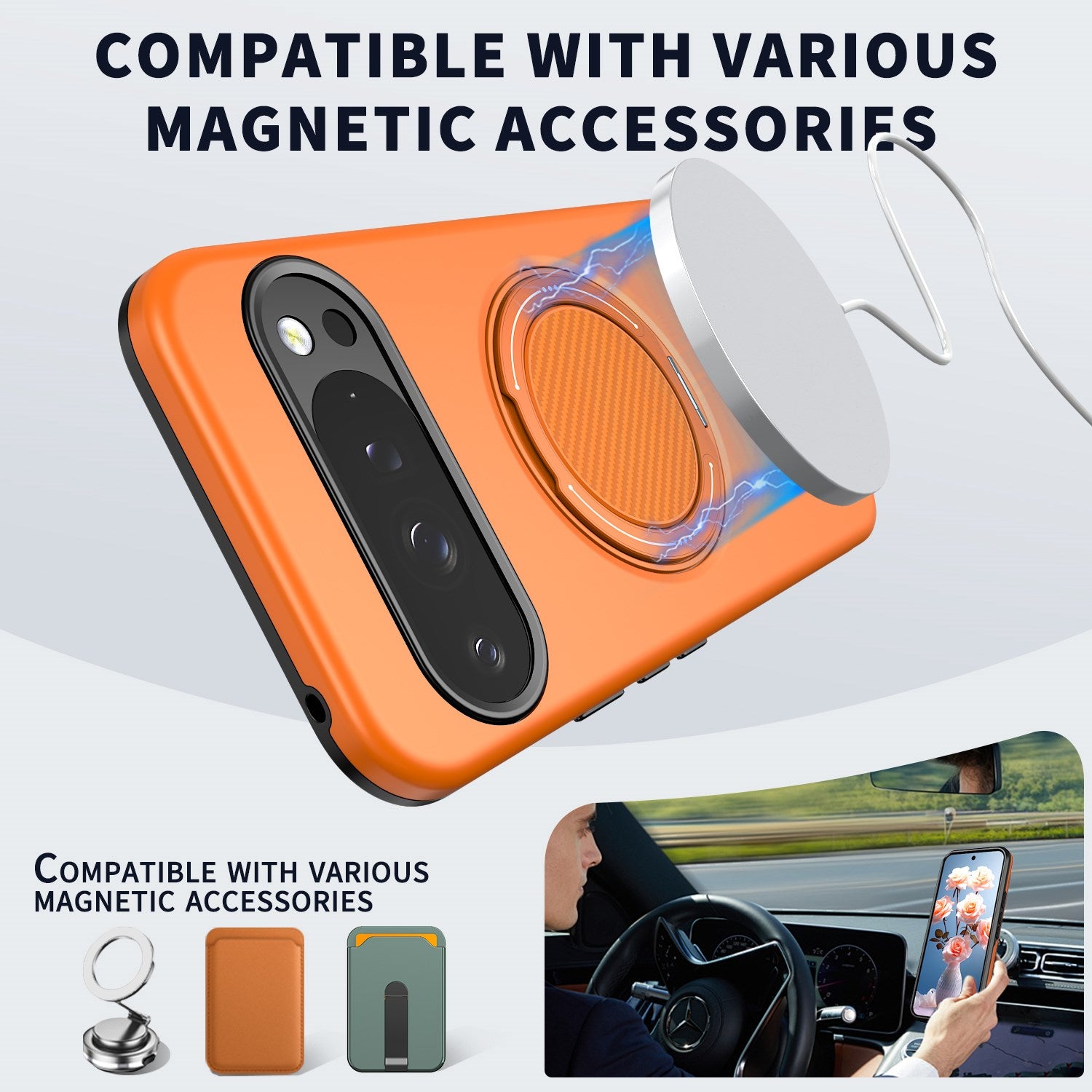 Google Pixel 11 / 11 Pro EIDERWOOD Hybrid Plast Cover m. Roterende Kickstand - MagSafe Kompatibel - Orange