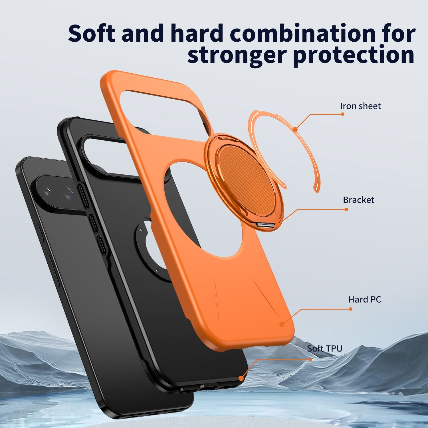 Google Pixel 11 / 11 Pro EIDERWOOD Hybrid Plast Cover m. Roterende Kickstand - MagSafe Kompatibel - Orange