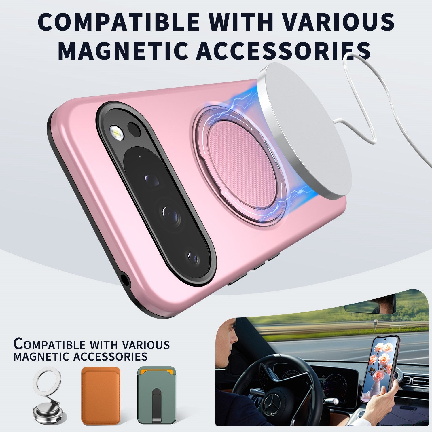 Google Pixel 11 / 11 Pro EIDERWOOD Hybrid Plast Cover m. Roterende Kickstand - MagSafe Kompatibel - Lyserød