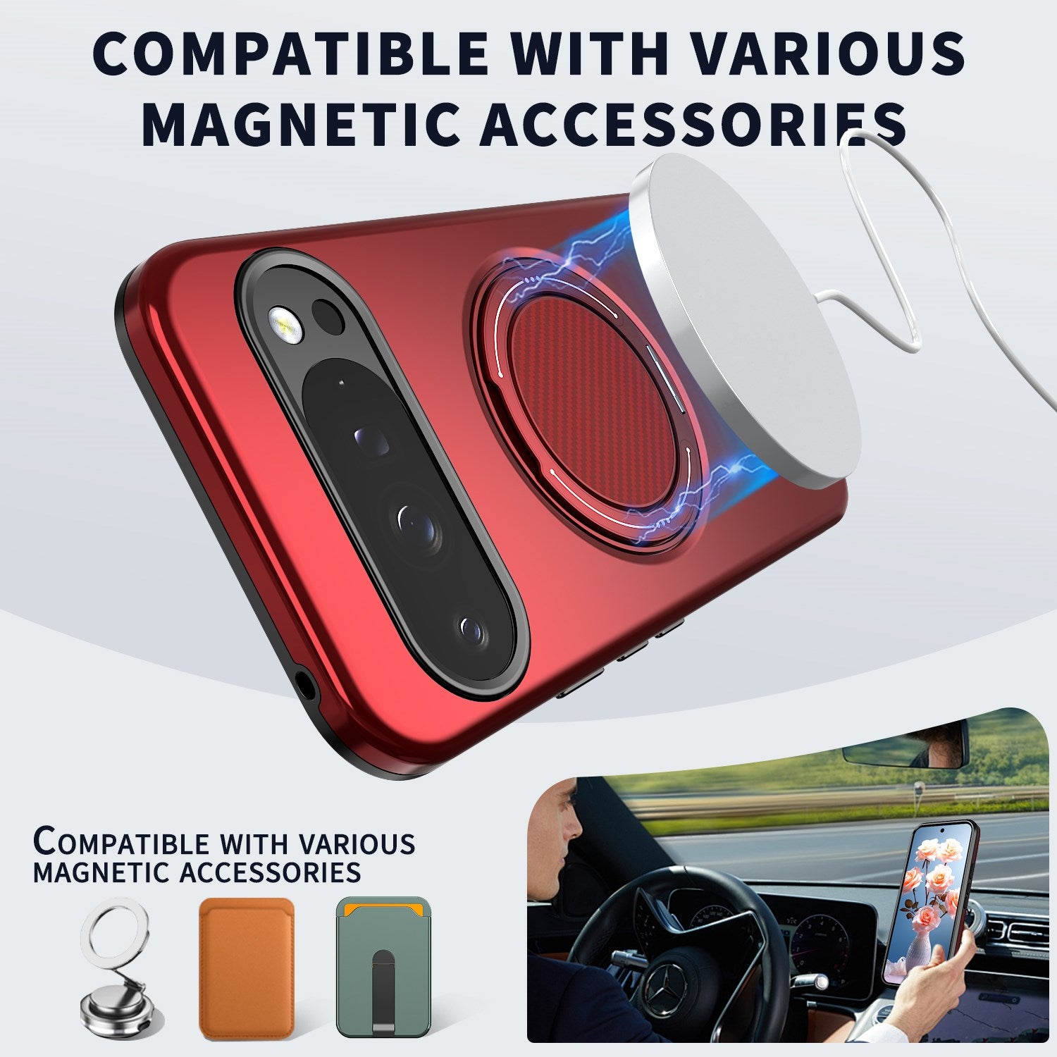 Google Pixel 11 / 11 Pro EIDERWOOD Hybrid Plast Cover m. Roterende Kickstand - MagSafe Kompatibel - Rød