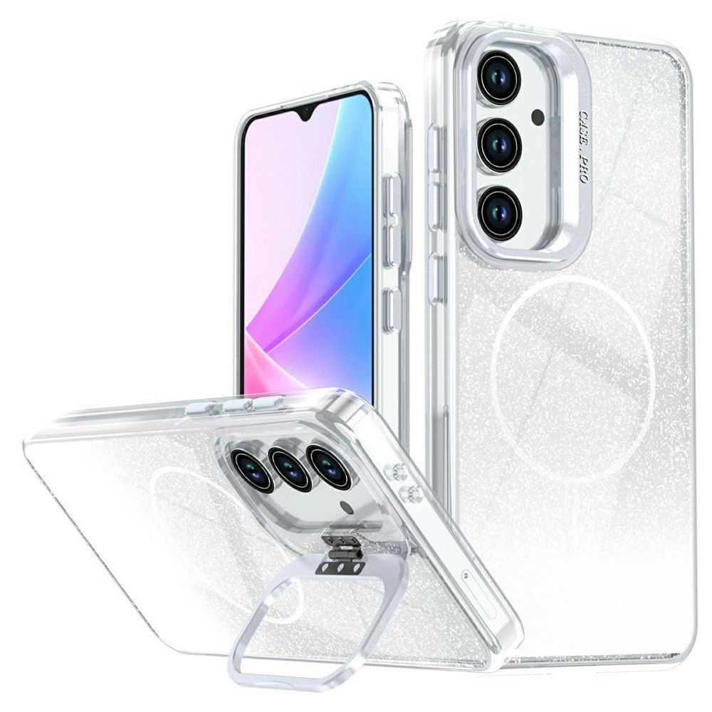 Samsung Galaxy S26 FE EIDERWOOD Hybrid Cover m. Glitter & Kamera-Kickstand - Gennemsigtig / Hvid