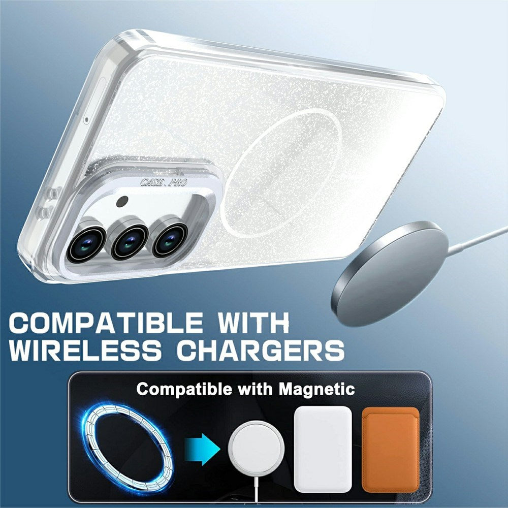 Samsung Galaxy S26 FE EIDERWOOD Hybrid Cover m. Glitter & Kamera-Kickstand - Gennemsigtig / Hvid