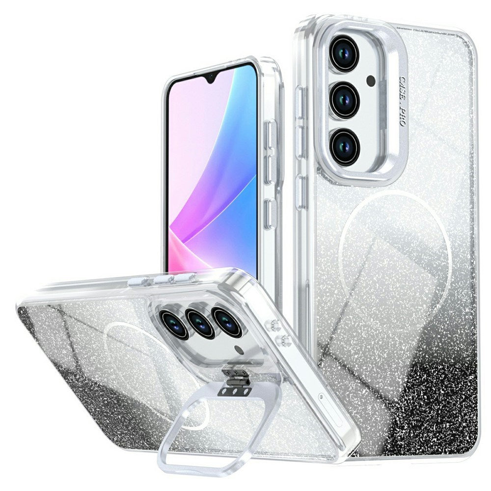 Samsung Galaxy S26 FE EIDERWOOD Hybrid Cover m. Glitter & Kamera-Kickstand - Gennemsigtig / Sort