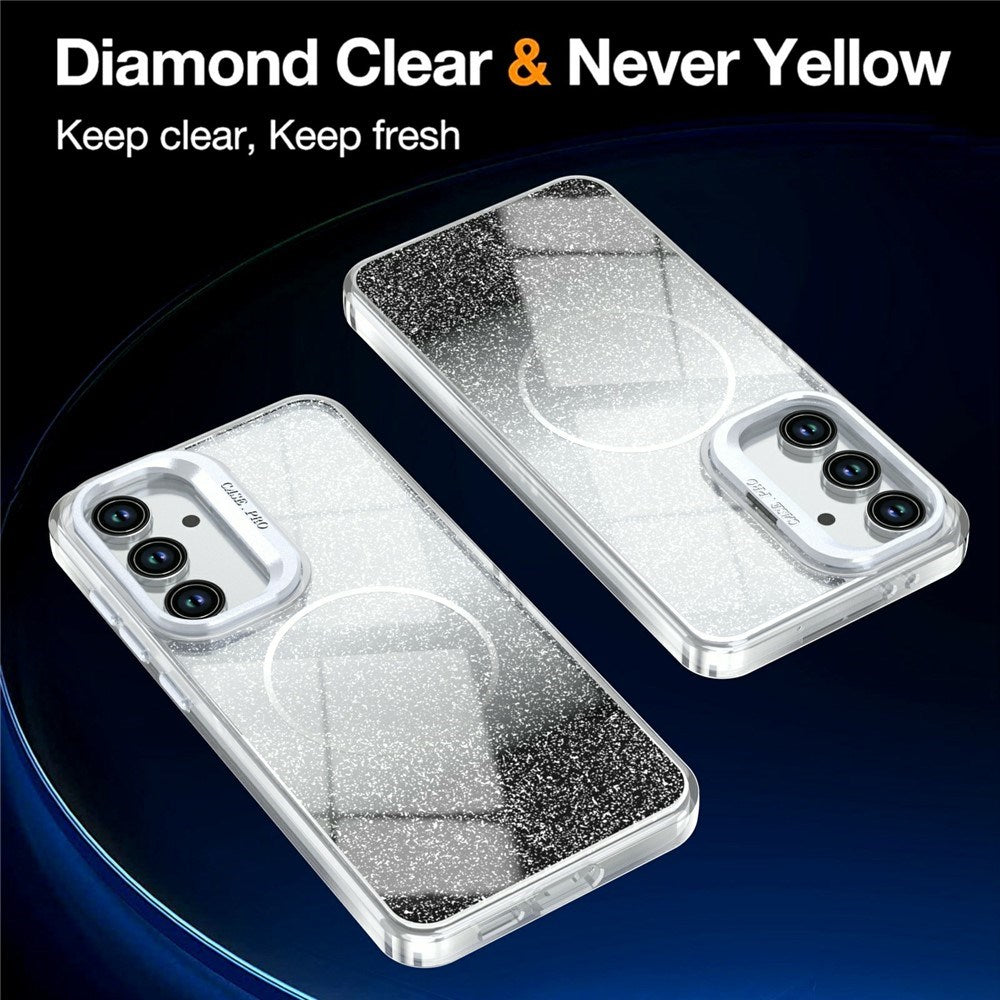 Samsung Galaxy S26 FE EIDERWOOD Hybrid Cover m. Glitter & Kamera-Kickstand - Gennemsigtig / Sort