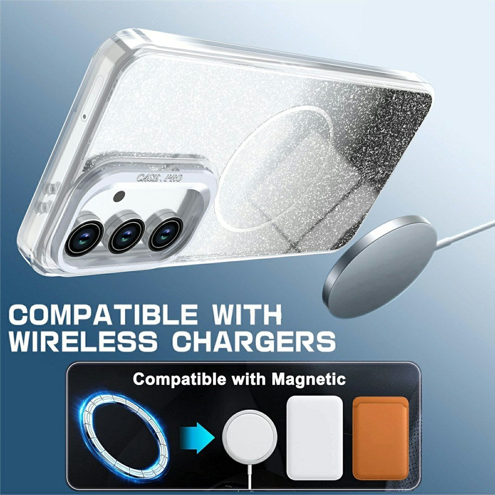 Samsung Galaxy S26 FE EIDERWOOD Hybrid Cover m. Glitter & Kamera-Kickstand - Gennemsigtig / Sort
