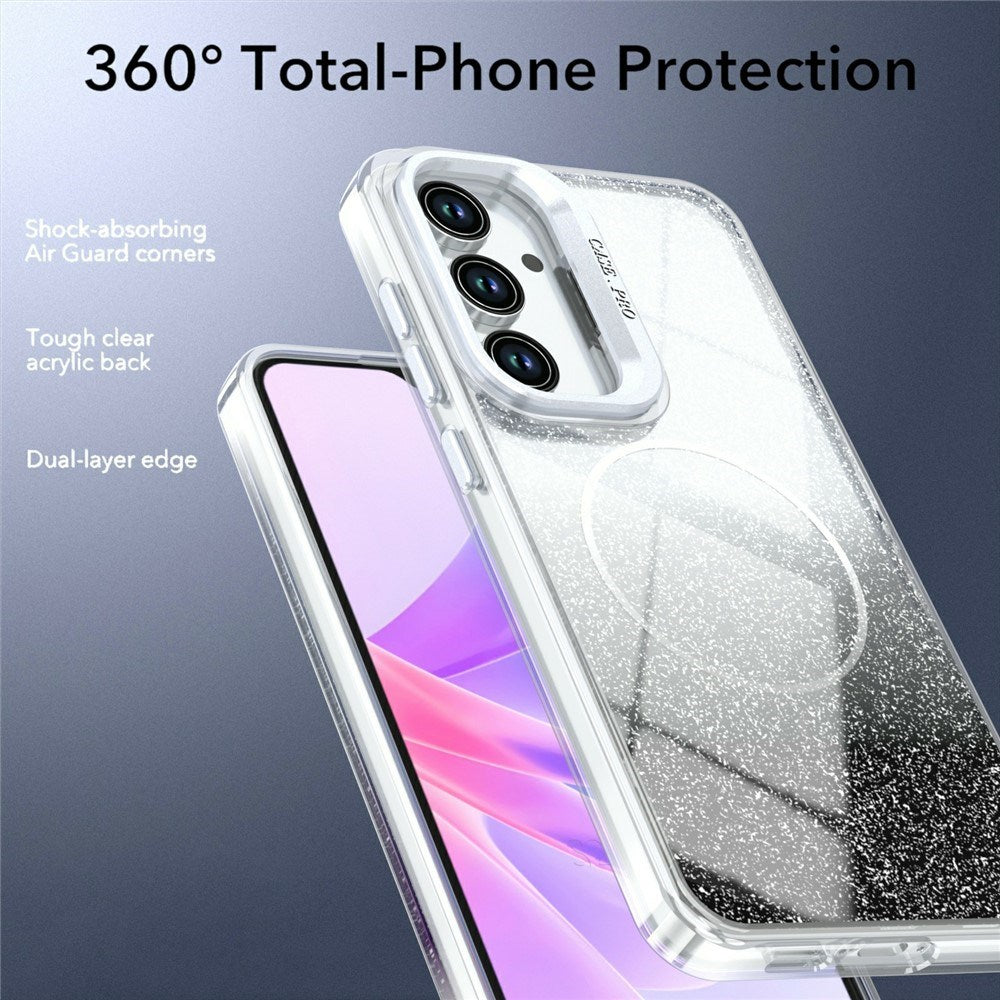 Samsung Galaxy S26 FE EIDERWOOD Hybrid Cover m. Glitter & Kamera-Kickstand - Gennemsigtig / Sort