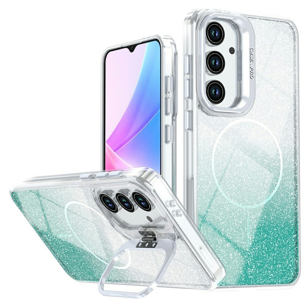 Samsung Galaxy S26 FE EIDERWOOD Hybrid Cover m. Glitter & Kamera-Kickstand - Gennemsigtig / Grøn