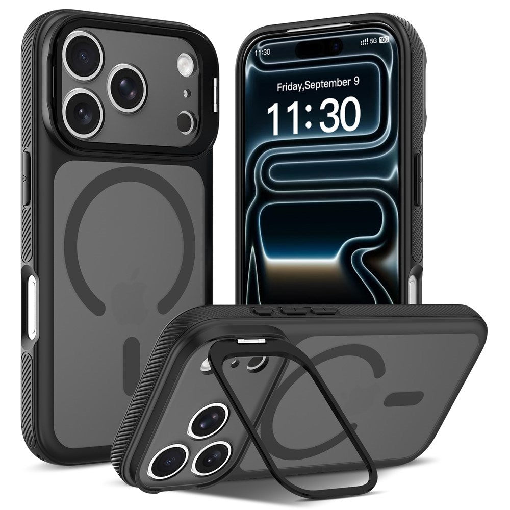 iPhone 18 Pro Max / 17 Pro Max Hybrid Plast Cover m. Stødabsorberende Kanter & Kickstand - MagSafe Kompatibel - Sort