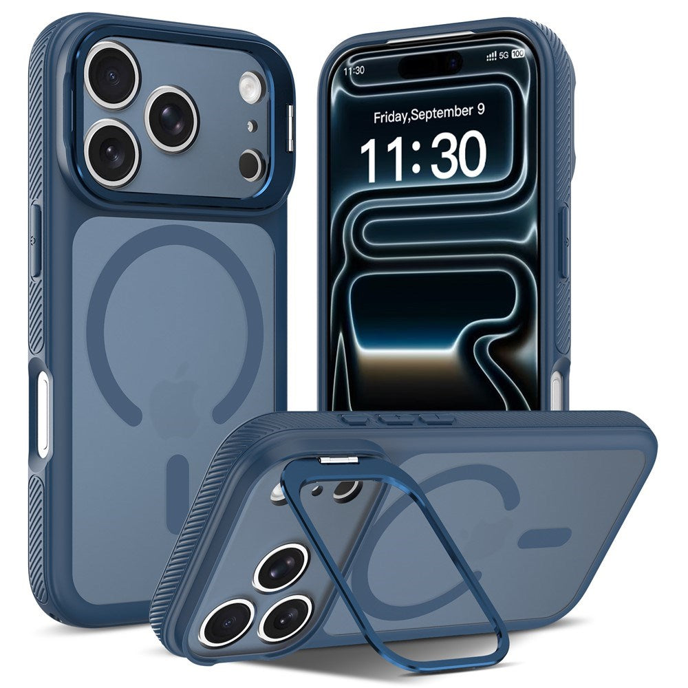 iPhone 18 Pro Max / 17 Pro Max Hybrid Plast Cover m. Stødabsorberende Kanter & Kickstand - MagSafe Kompatibel - Blå
