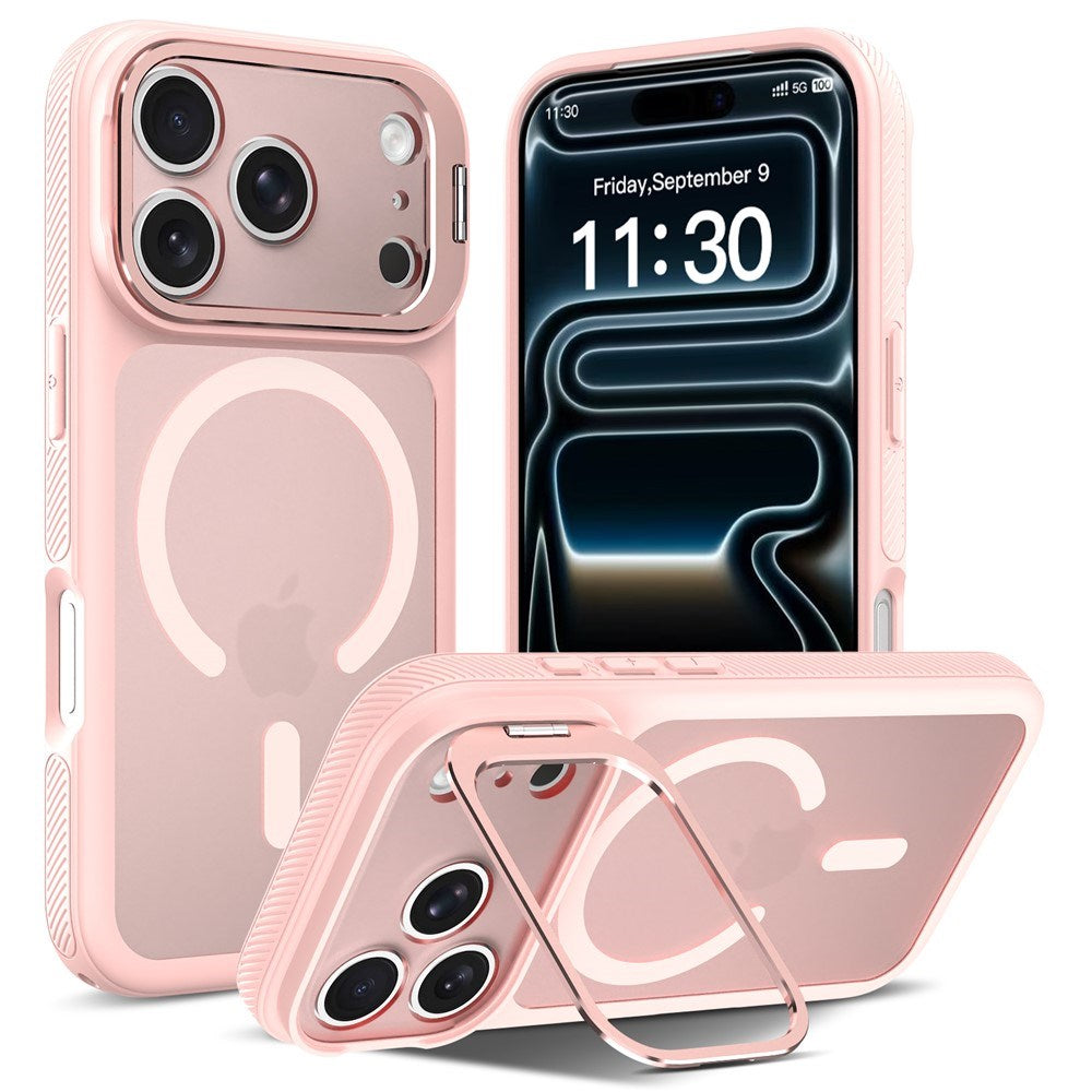 iPhone 18 Pro / 17 Pro Hybrid Plast Cover m. Stødabsorberende Kanter & Kickstand - MagSafe Kompatibel - Lyserød