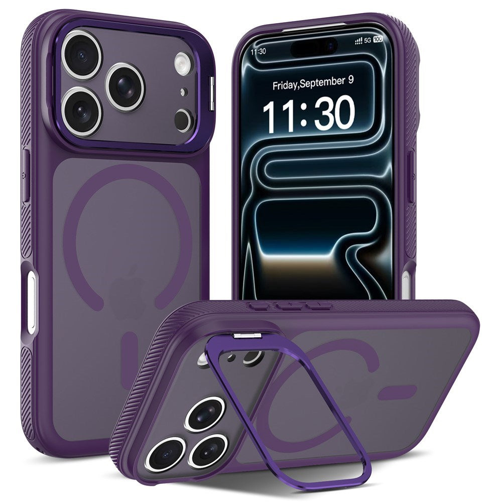 iPhone 18 Pro / 17 Pro Hybrid Plast Cover m. Stødabsorberende Kanter & Kickstand - MagSafe Kompatibel - Lilla